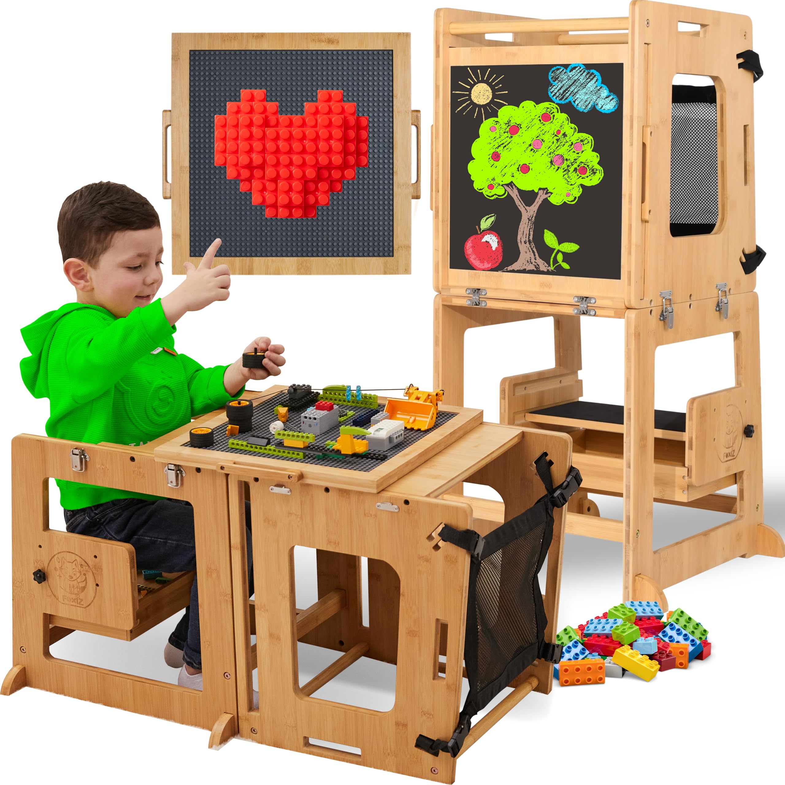 4-in-1 Bamboo Convertible Toddler Tower with Storage - Kitchen Helper, Weaning Table, Step Stool & Learning Tower for Kids 1-3 Years | Foldable Montessori Toddler Desk for Baking, Cooking & Playtime Activities