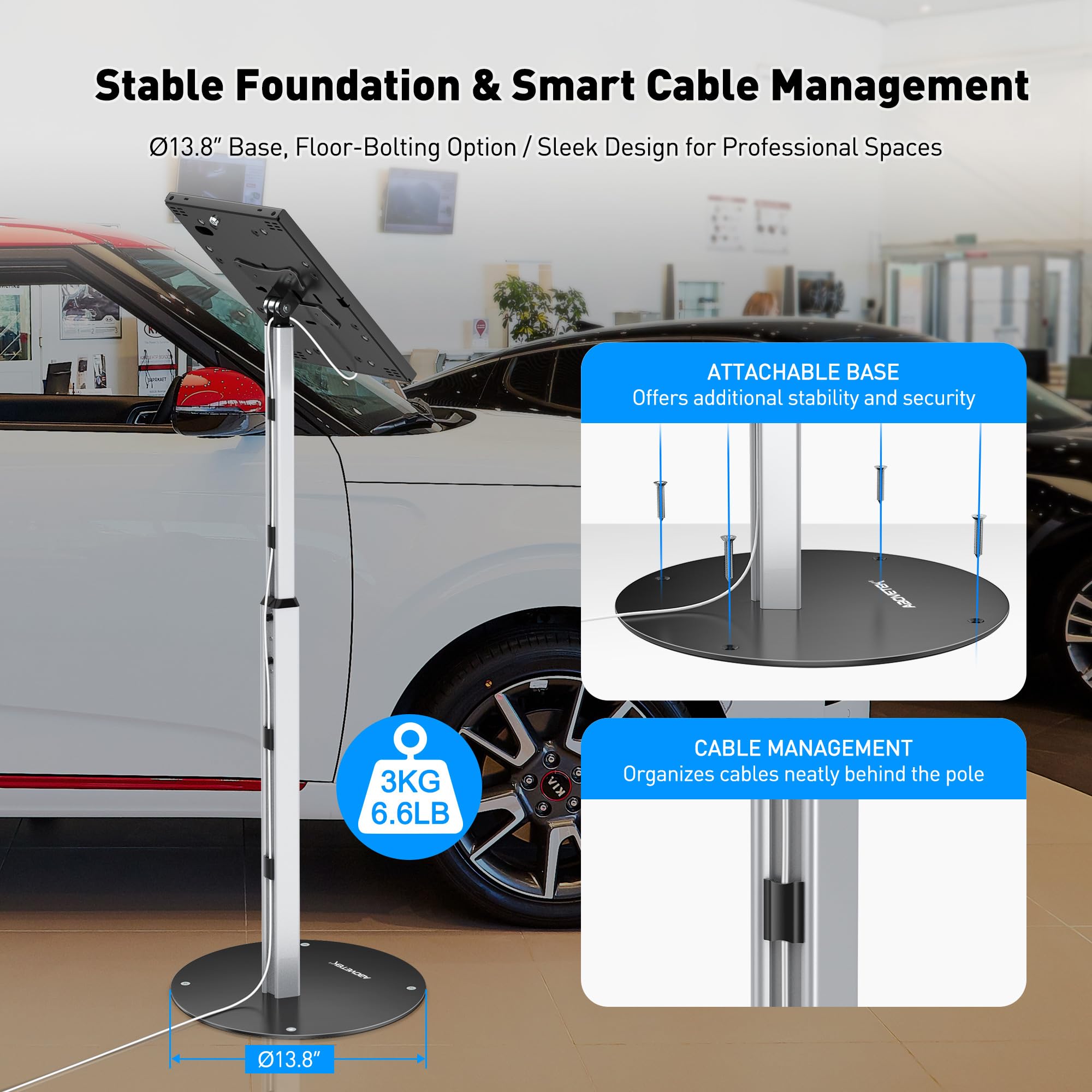 AboveTEK Anti-Theft iPad Floor Stand - Adjustable Secure Kiosk POS Tablet Holder with Lock & Key for iPad Air/Pro (Retail Business Use) - Perfect for Secure Tablet Displays in Stores, Restaurants, and Exhibitions