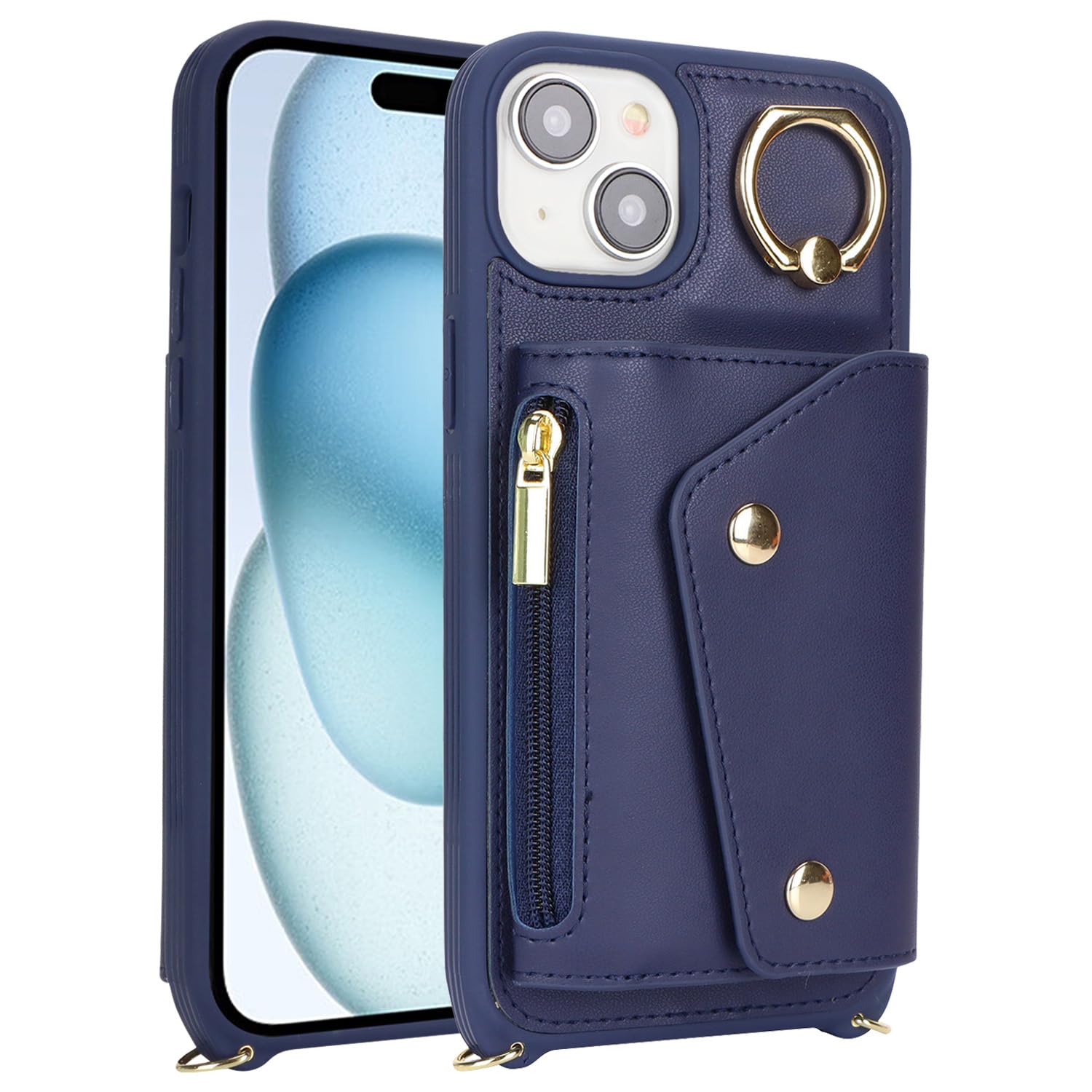 Premium iPhone 15 Wallet Case with Card Holder & Adjustable Crossbody Strap - Zipper Pocket, Stand Ring, 6.1 Inch Protective Phone Cover for Women (Dark Blue) - Perfect for Travel, Shopping & Everyday Use