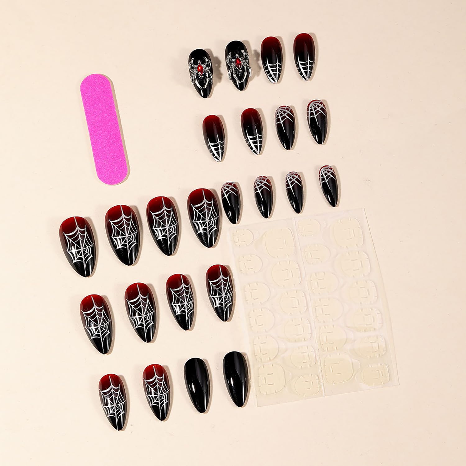 Halloween Press on Nails - Medium Almond Fake Nails with Spider Web Designs & Charms, Red Gradient Black Matte Acrylic Nails, 24PCS Glossy Glue on Nails for Women & Girls - Perfect for Halloween Parties, Cosplay & Spooky Nail Art