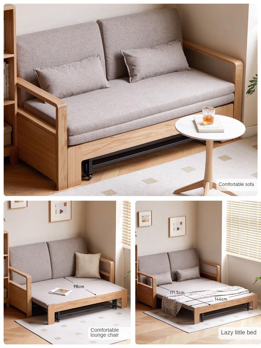 Solid Oak Wood Sofa Bed - Modern Multifunctional Convertible Sleeper for Small Spaces | Living Room, Guest Room & Studio Apartment Furniture