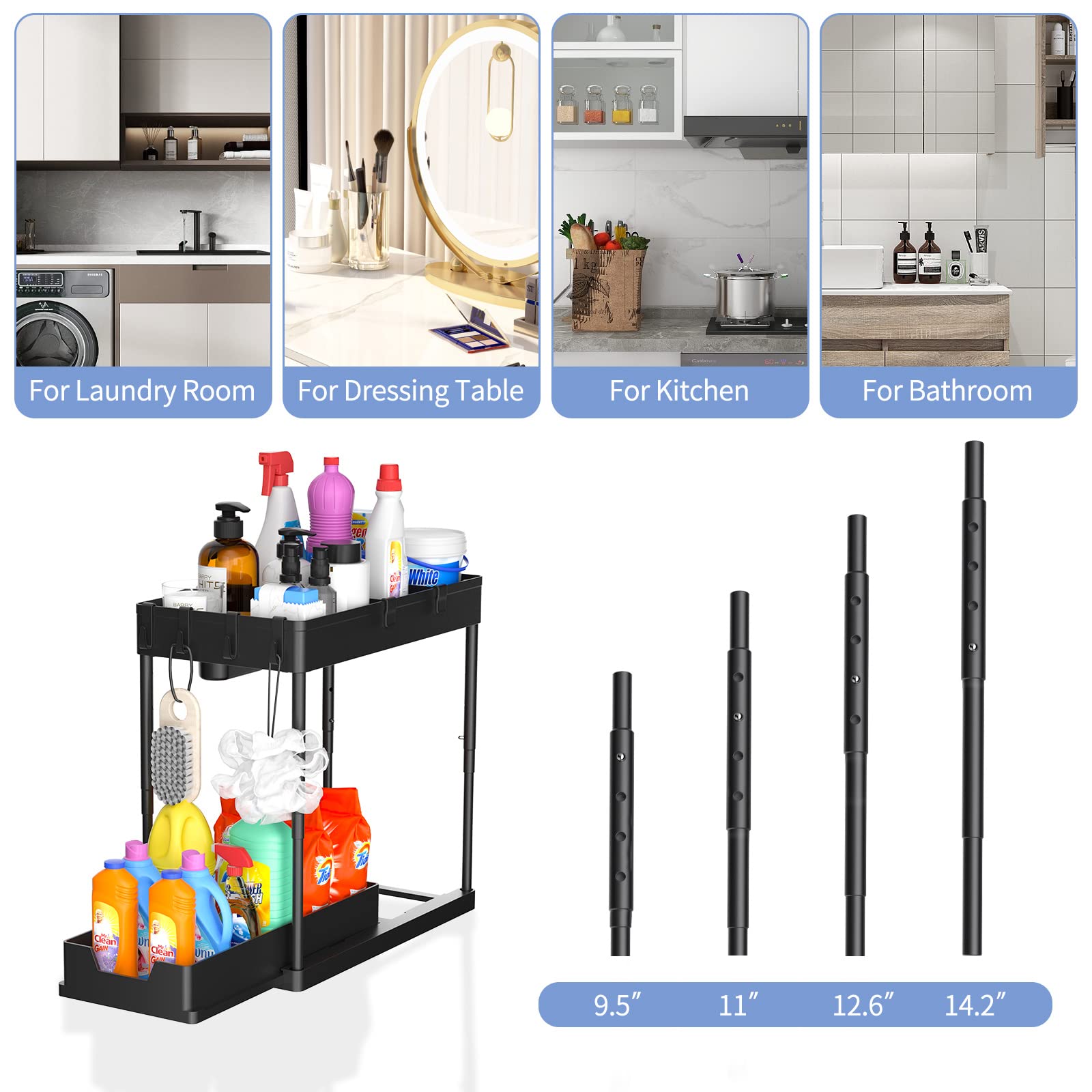 2-Tier Under Sink Organizer with Adjustable Height - Black Bathroom & Kitchen Storage Cabinet with 4 Removable Dividers, 4 Hooks & Cup - Perfect for Maximizing Under-Sink Space in Bathrooms, Kitchens & Laundry Rooms