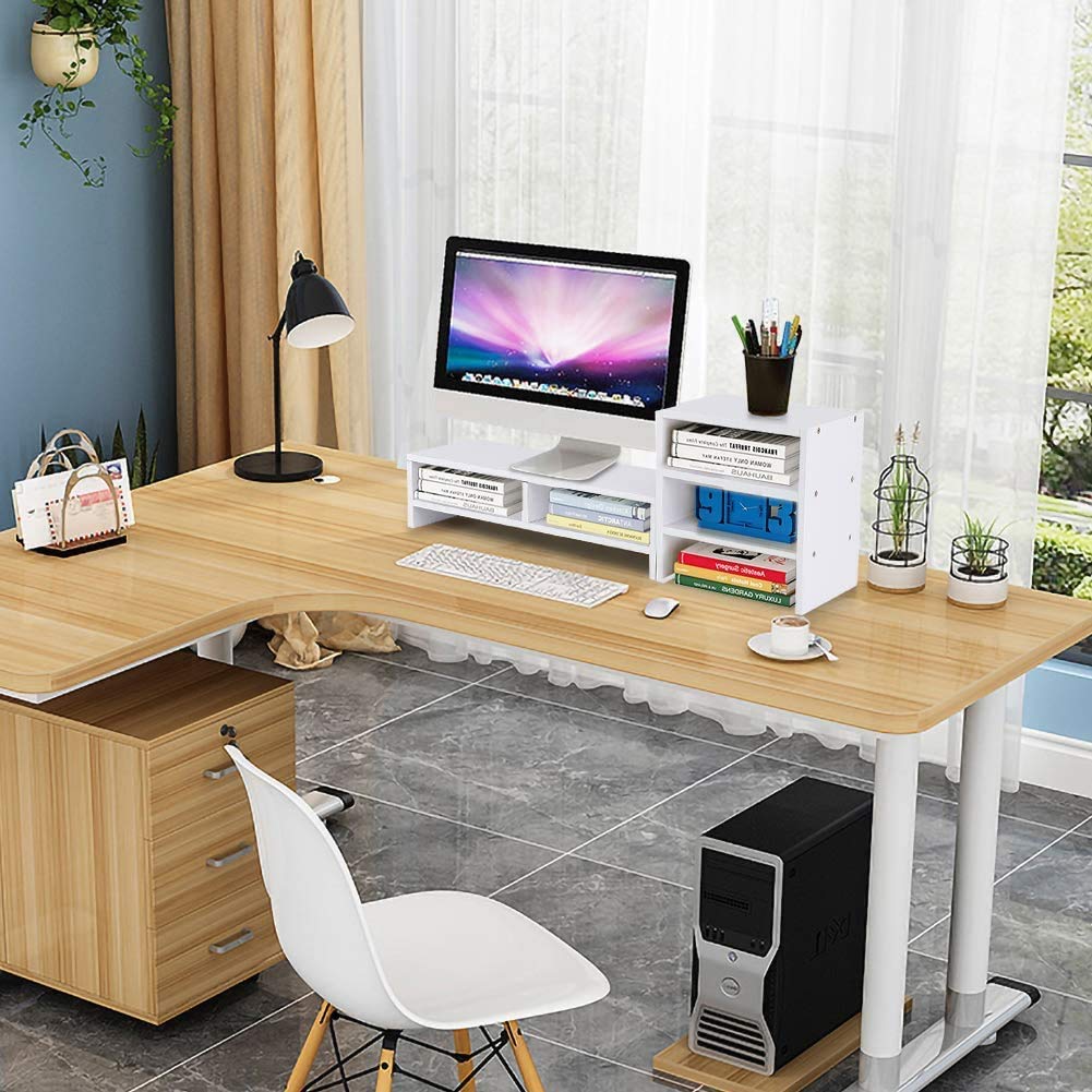 GOTOTOP White Wooden Laptop Monitor Riser Stand with 3-Layer Storage Shelf - Ergonomic Desktop Organizer for Home Office, Gaming Setup, and Workspace Efficiency