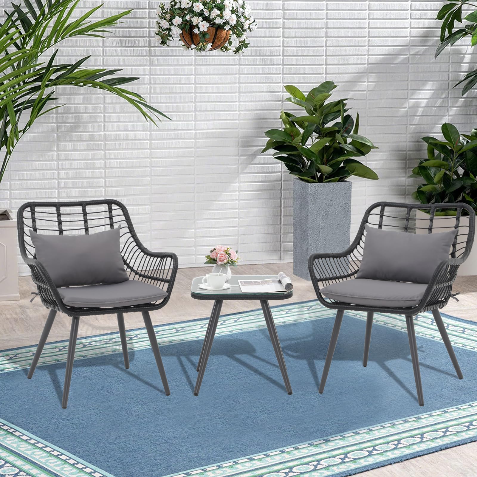 Verano Garden 3-Piece Patio Bistro Set - Outdoor Wicker Conversation Chairs with Cushions & Coffee Table - Perfect for Poolside, Balcony, Garden or Small Patio Furniture