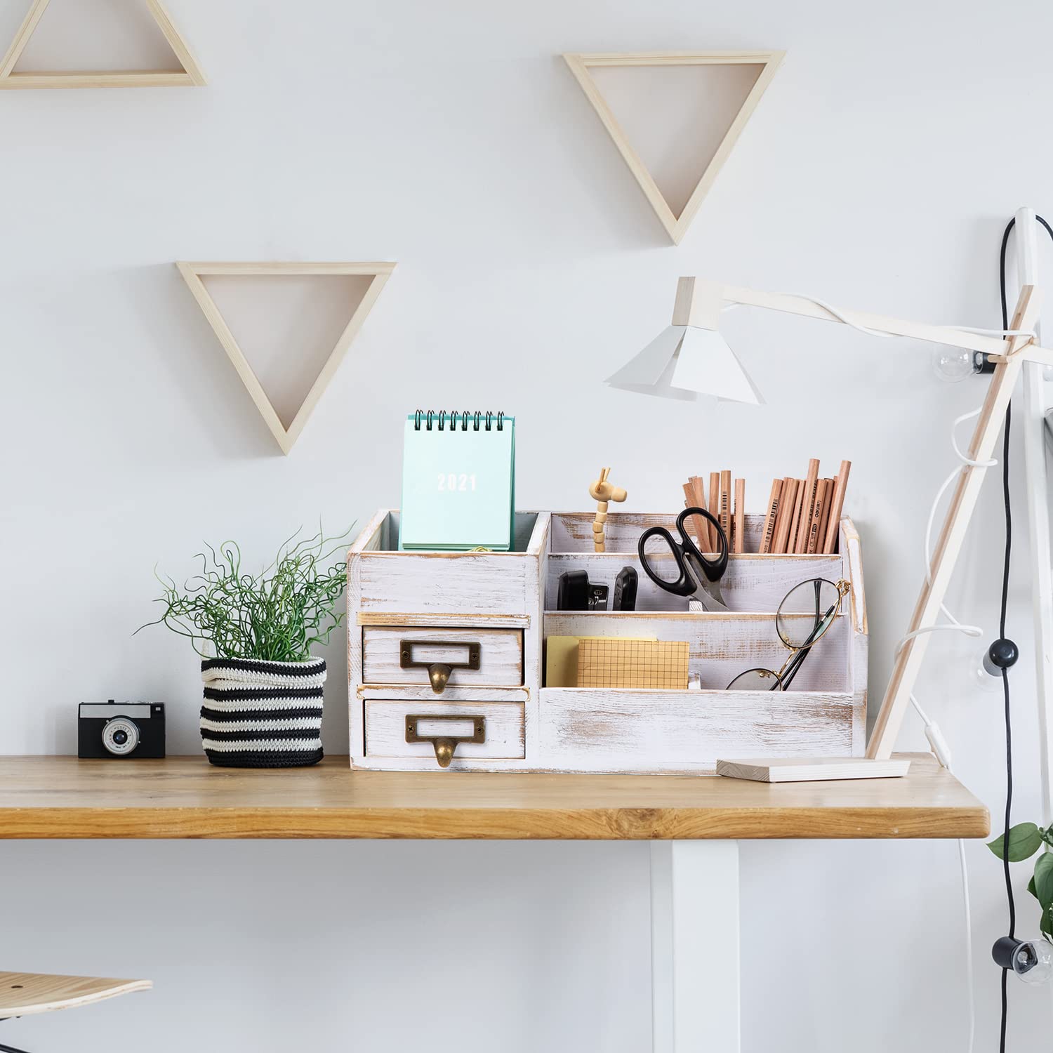 Distressed Rustic Wooden Office Desktop Organizer - 2-Tier Shelf with Drawers & Multiple Compartments for Jewelry Storage, Desk Organization, Vanity Display (Washed White) | Perfect for Home Office, Bedroom, Dorm & Gift Giving