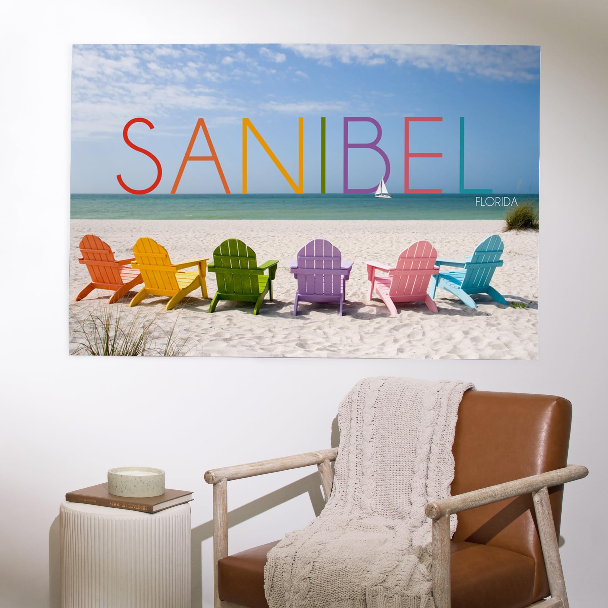 Lantern Press 36x54 Inch Giclee Art Print - Sanibel Florida Beach Chairs Wall Decor - Vibrant Coastal Artwork for Living Room, Bedroom & Office Decor