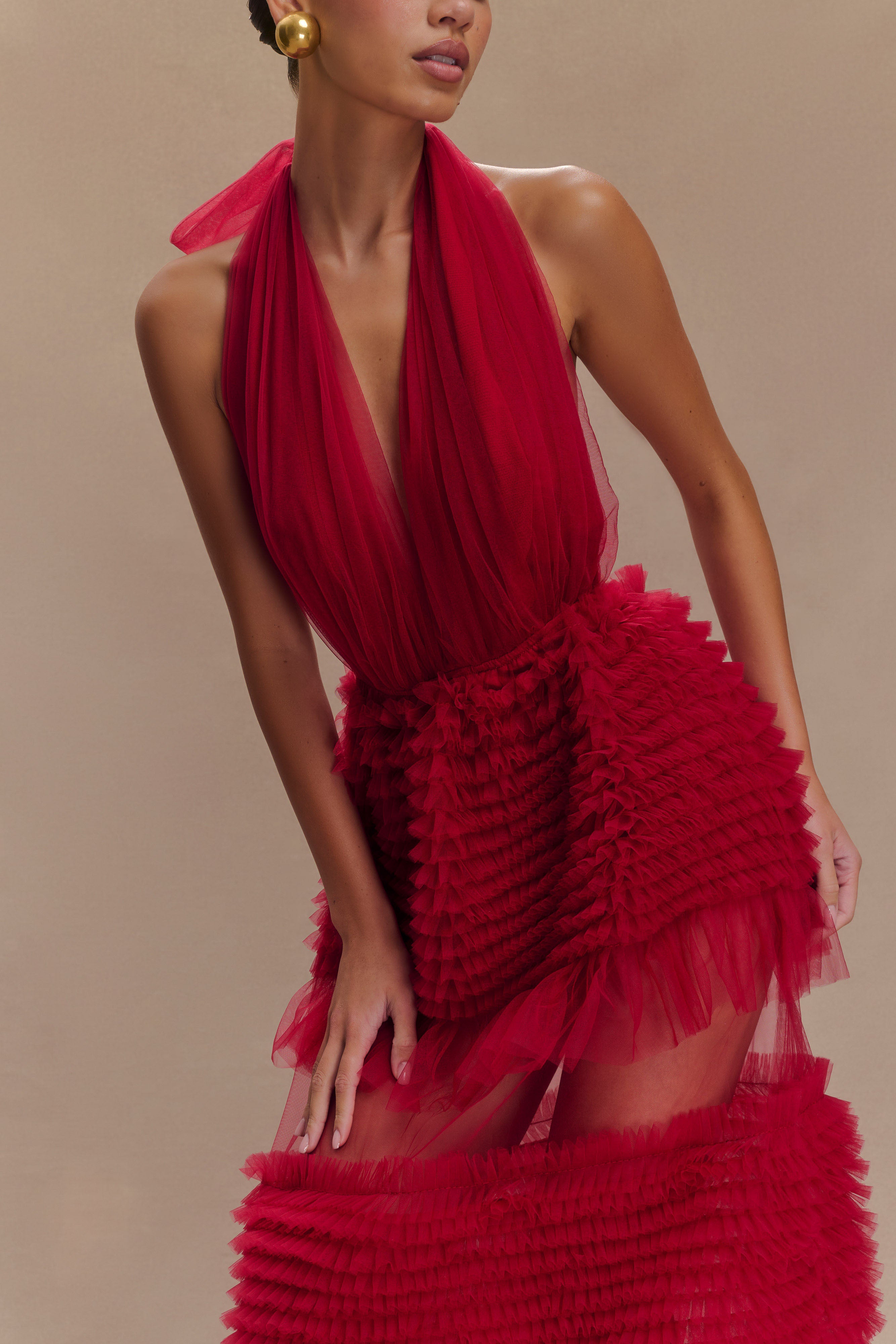 Minka Mesh Ruffle Halter Maxi Dress for Women - Flowy Summer Beach Dress, Red Boho Chic Long Dress for Vacations, Parties & Date Nights