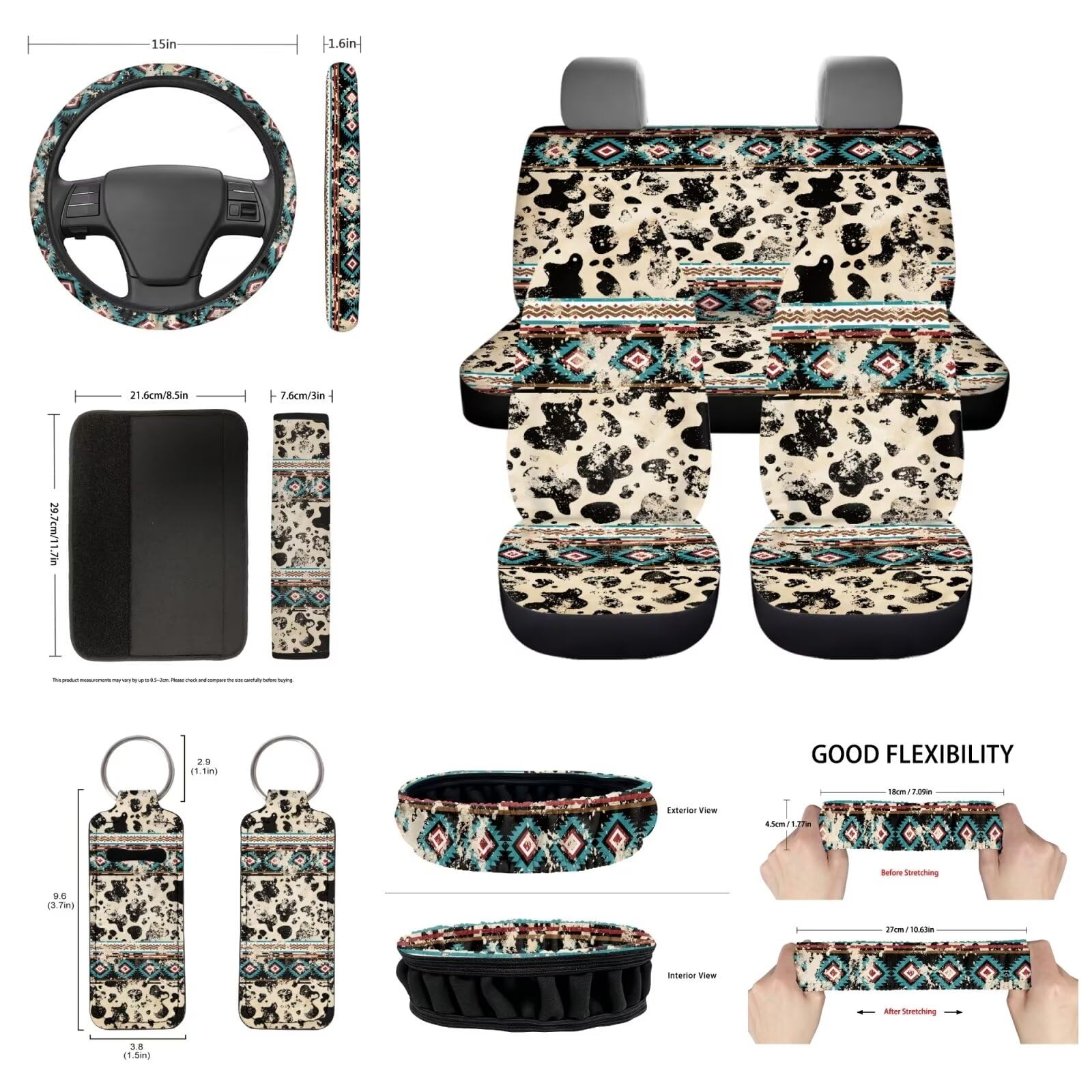 Premium Aztec Cow Print Car Seat Covers Full Set - Universal Fit for Most Vehicles, Includes Steering Wheel Cover, Keychain, Coasters & Mirror Covers - Durable & Comfortable Auto Accessories for Cars, Trucks & SUVs - Perfect for Road Trips, Daily Commute & Interior Protection
