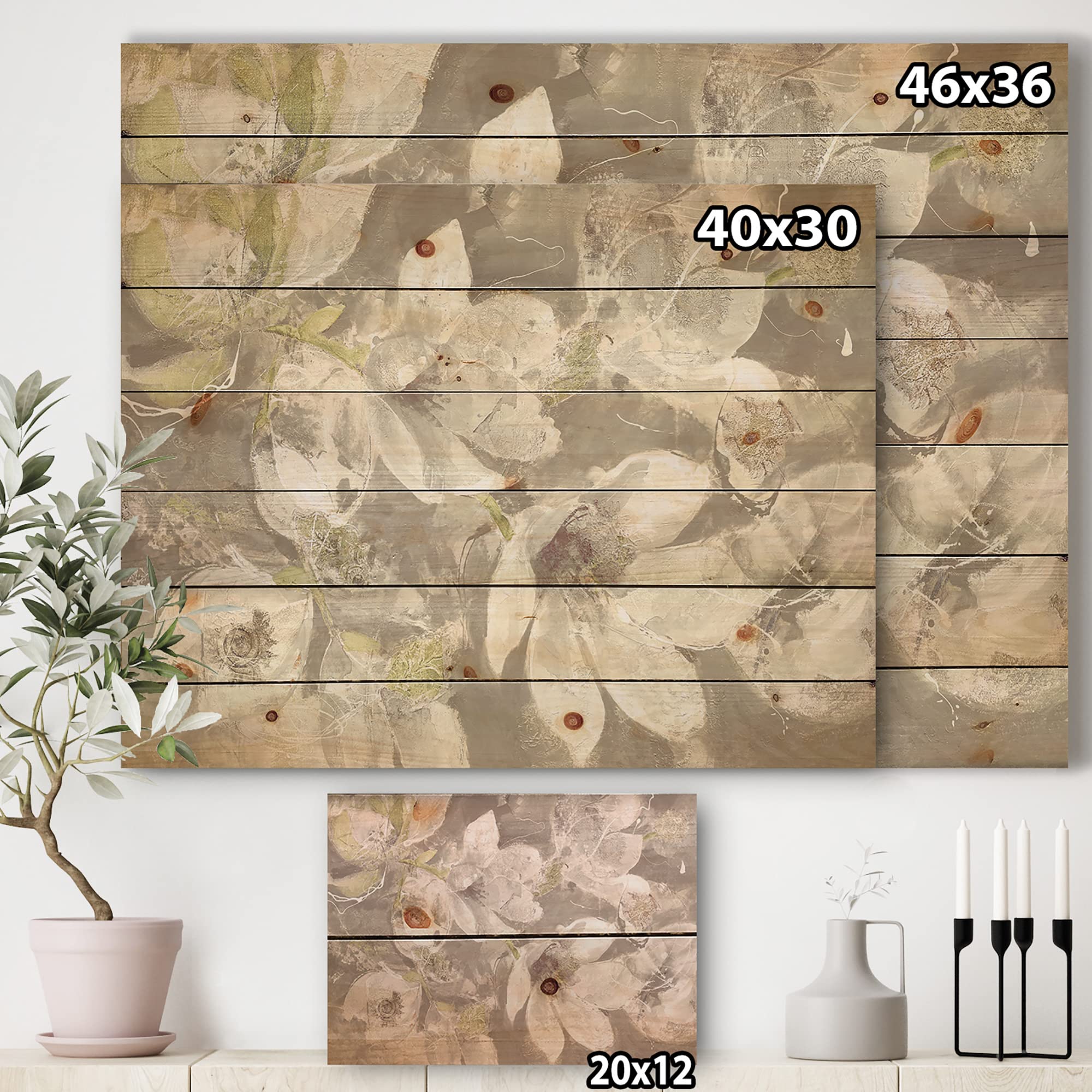 DesignQ Beige & Brown Blossoming Flowers Wood Wall Art - Traditional Wooden Decor, Large Abstract Wall Panels Printed on Natural Pine - Perfect for Living Room, Bedroom & Office Decor