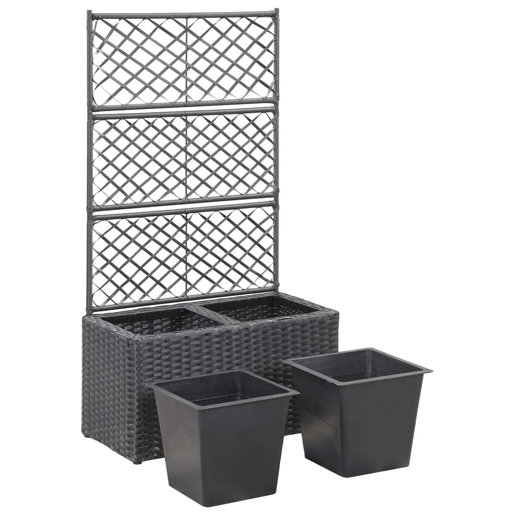 Black Poly Rattan Freestanding Raised Garden Bed with Trellis & 2 Pots - 22.8x11.8x42.1 Inch Outdoor Planter for Patio, Balcony & Backyard Gardening - Perfect for Growing Vegetables, Flowers & Climbing Plants
