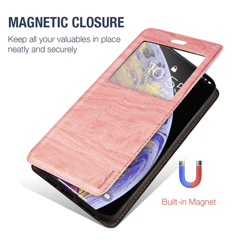 Premium Wood Grain Leather Magnetic Flip Cover Case for Essential Phone PH-1 - Card Holder & Window Slot - Stylish Protection for Everyday Use (Pink)