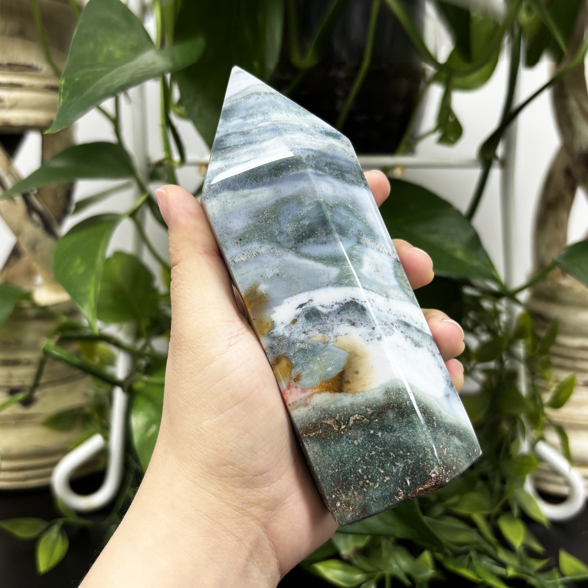 Natural Sea Jasper Crystal Obelisk Tower Point - Polished Healing Stone for Calming Energy, Balance & Meditation - Home & Office Décor - Feng Shui & Spiritual Healing Accessory - Perfect for Meditation Spaces, Yoga Rooms & Gift Giving