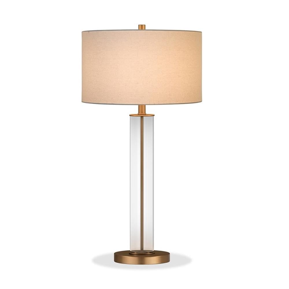 Elegant Clear Glass Table Lamp with Brass Accents & Linen Shade - Modern Home Office Bedroom Nightstand Lighting Decor for Living Room, Study, or Dorm