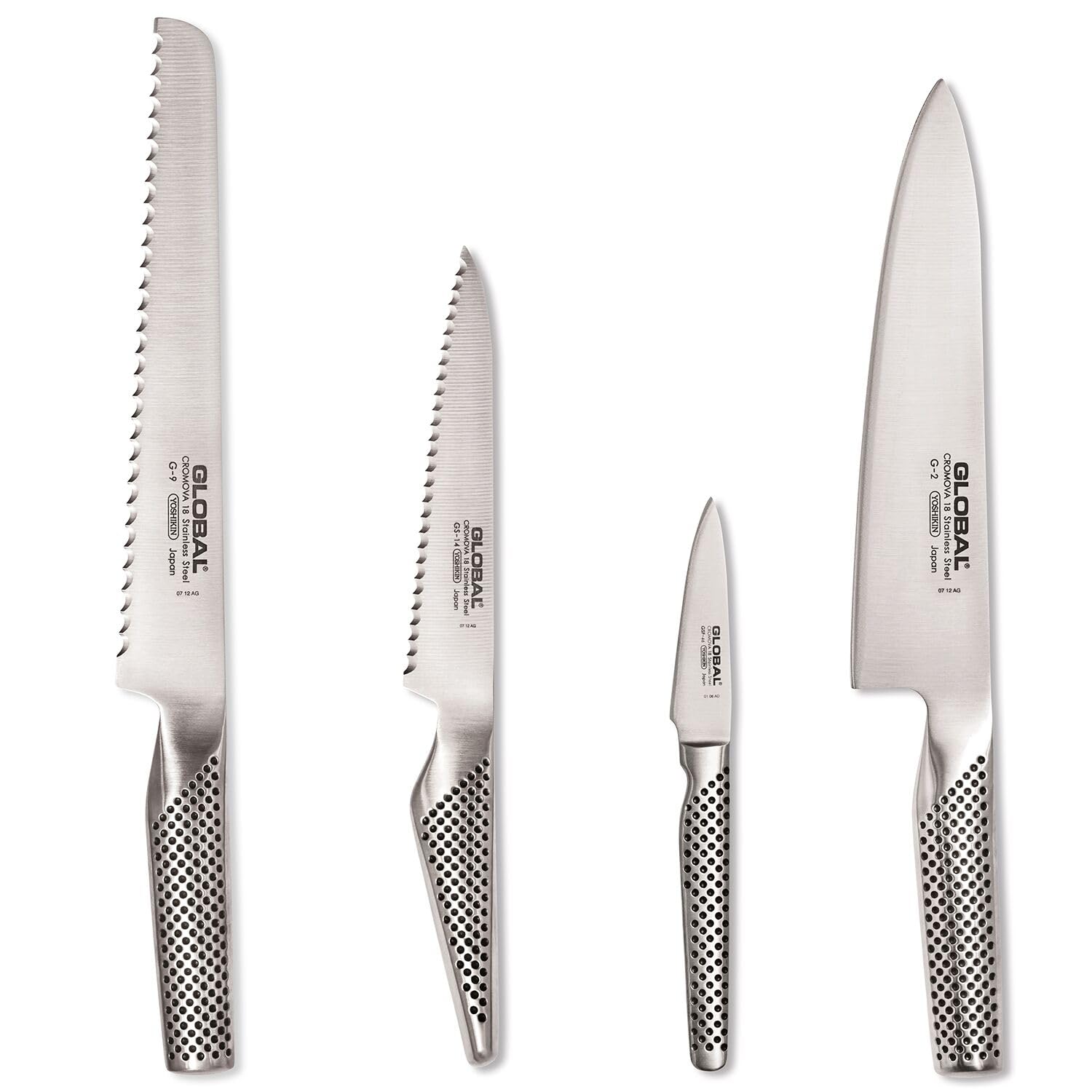 Premium Global 4-Piece Stainless Steel Knife Set - Chef Knife, Paring Knife, Utility Knife, Bread Knife - Perfect for Home Cooking, Professional Chefs & Kitchen Enthusiasts