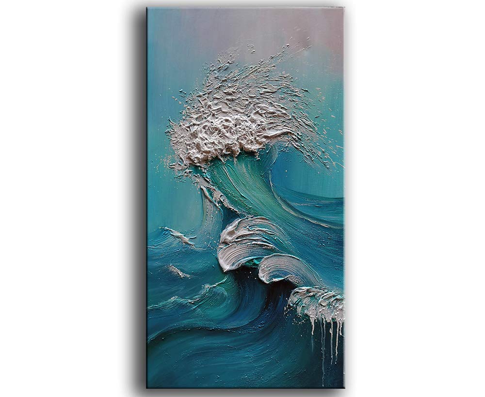 YaSheng Art - Hand-Painted Abstract Ocean Oil Painting on Canvas, Blue Seascape Wall Art, 24x48 Inch - Perfect for Living Room, Bedroom & Office Decor