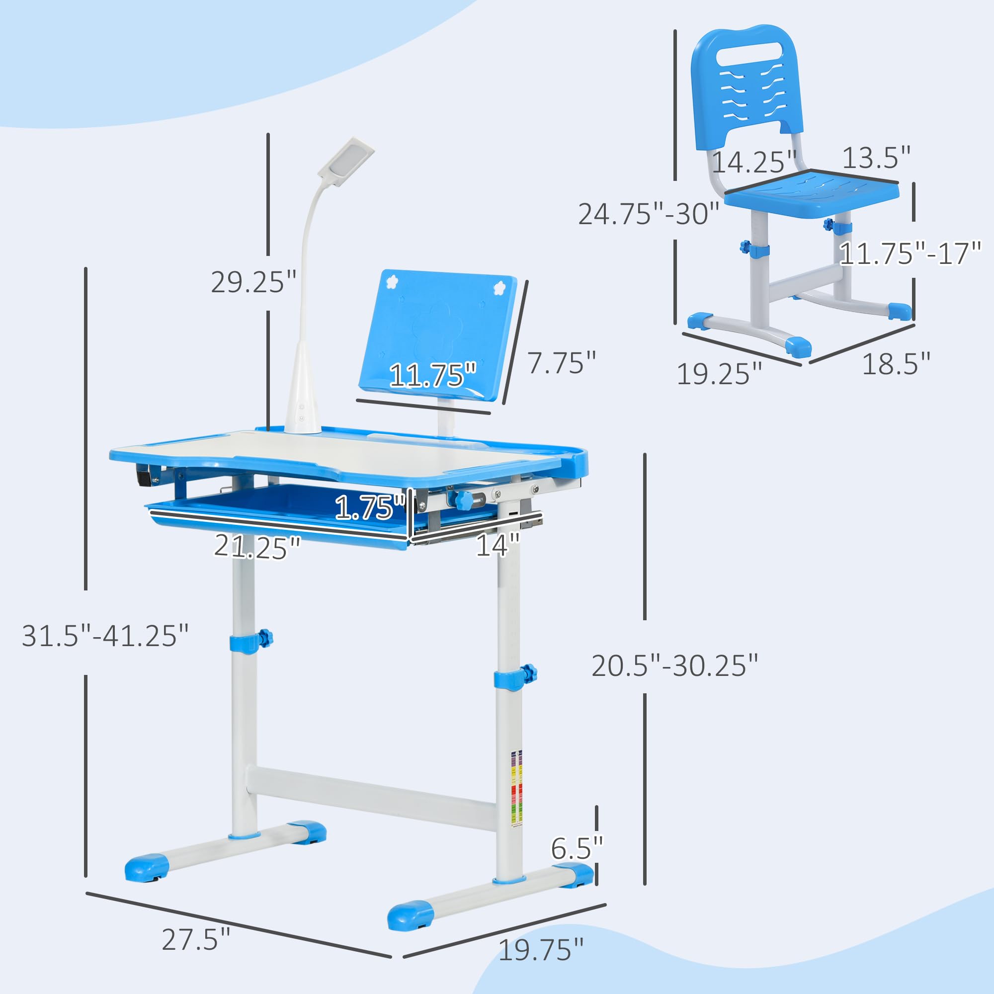 Qaba Adjustable Kids Desk and Chair Set with Tilt Desktop, USB Light & Storage Drawer - Ergonomic Study Table for Children's Homework, Drawing, Arts & Crafts (Blue & White) - Perfect for Homeschooling, Online Learning & Creative Play Spaces