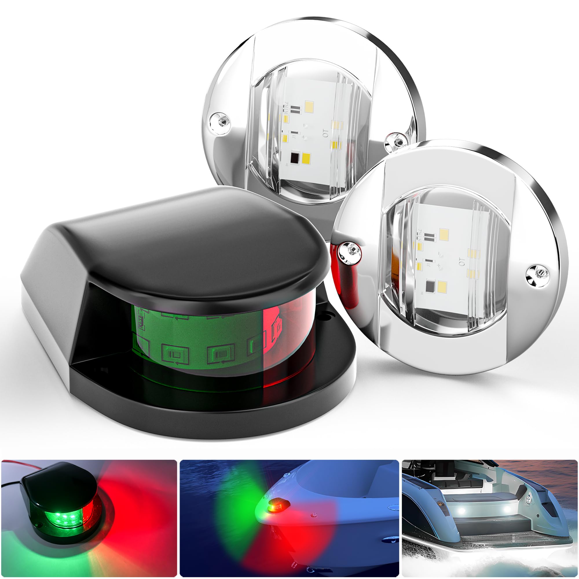 PSEQT Marine LED Navigation Lights - Waterproof Red & Green Bow Stern Light (1Pc) + White Deck Transom Lights (2Pcs) 12V for Boats, Yachts, Kayaks | Perfect for Night Fishing, Pontoon Cruising & Water Safety