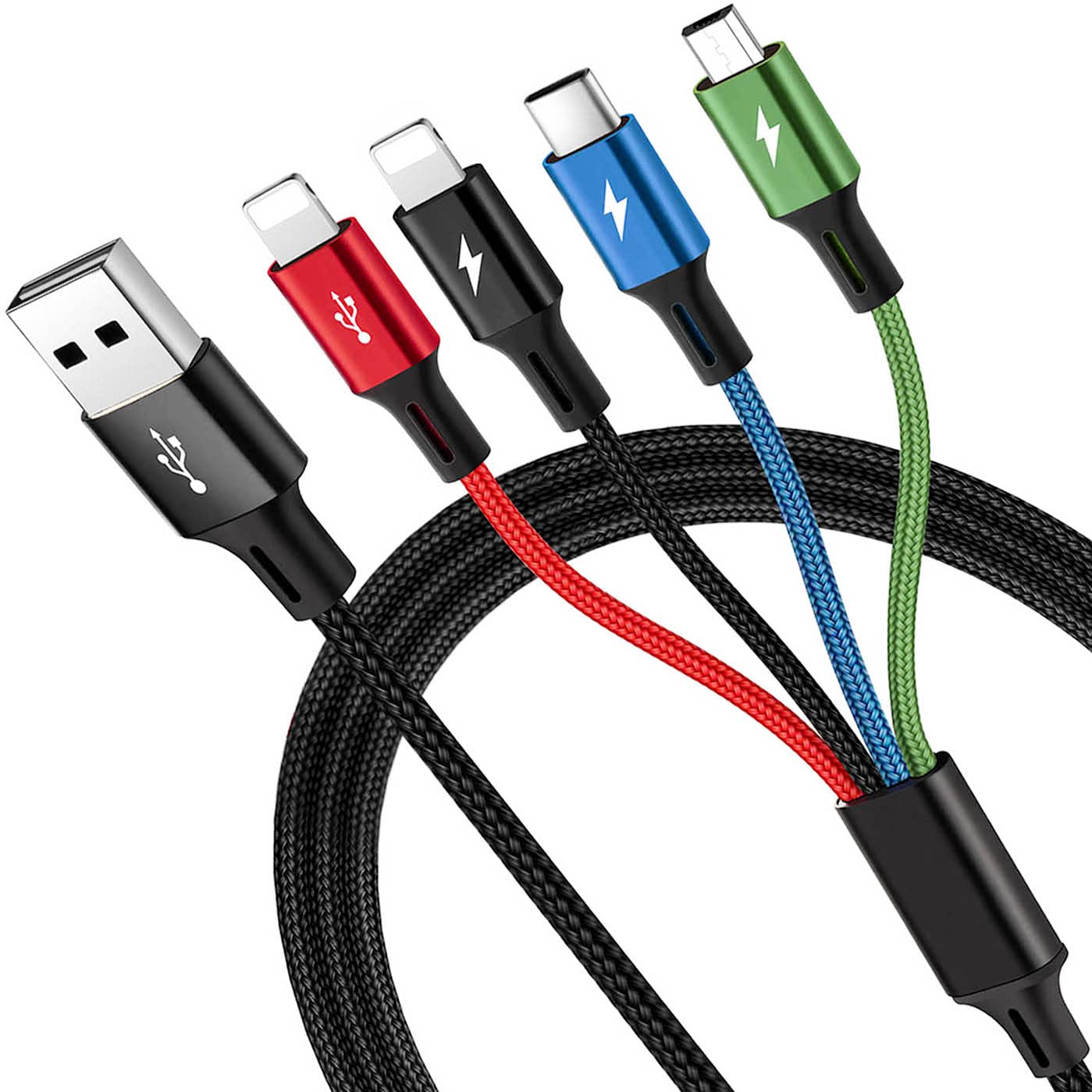 4-in-1 Fast Charging Cable [3.5A 6ft] Nylon Braided Multi-Port USB Charger - Compatible with iPhone 15/14/13/12/11, Samsung Galaxy, Huawei, LG, PS4/PS5 - Perfect for Home, Office & Travel Charging Needs