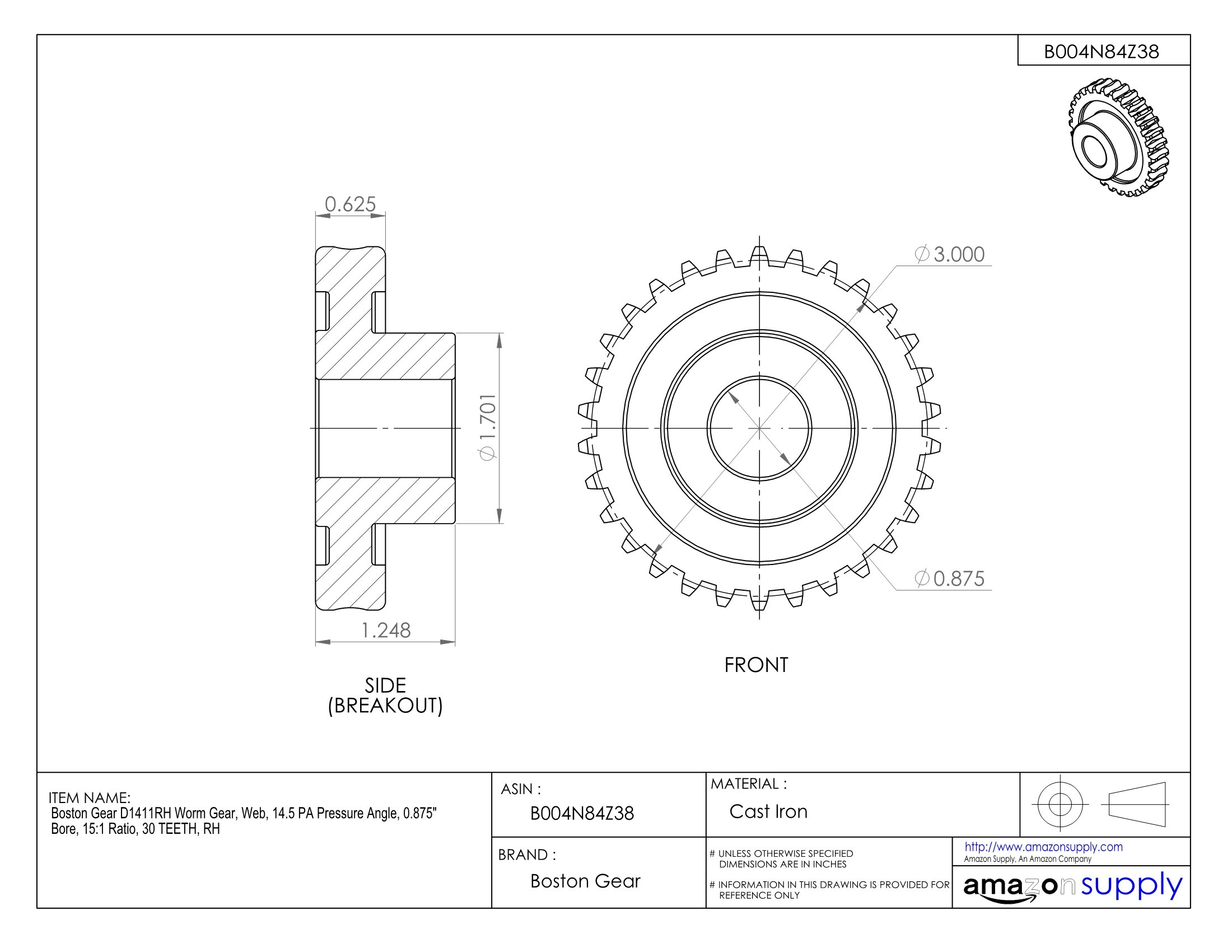 D1411RH Worm Gear - 14.5° PA Pressure Angle, 0.875