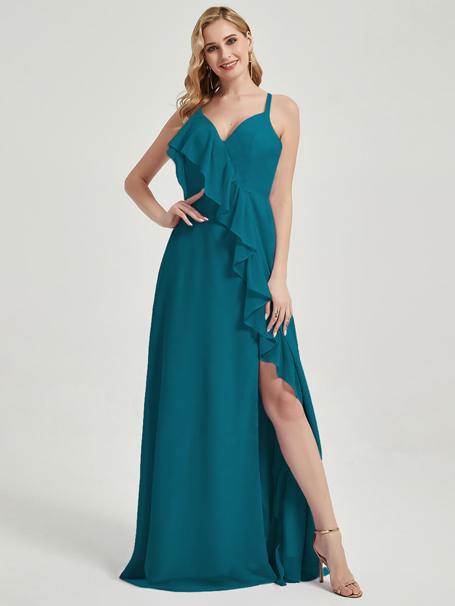 Elegant Teal Chiffon Maxi Bridesmaid Dress with Criss Cross Straps, Ruffles & High Slit - Perfect for Weddings, Prom & Formal Events