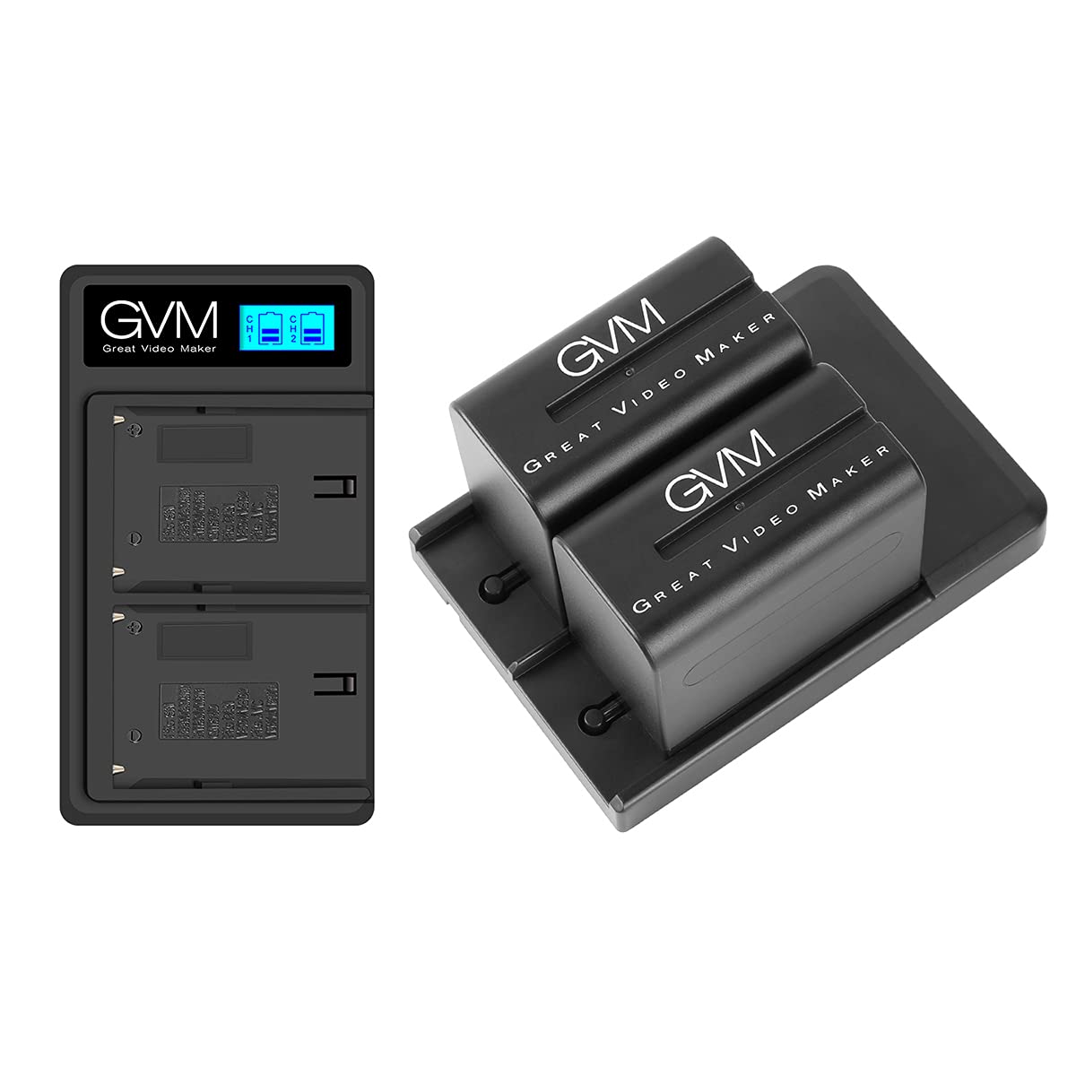 GVM NP-F970 6600mAh Rechargeable Batteries with Dual USB Charger & V-Mount Adapter - LCD Screen Shows Charge Status - 2 Pack Portable Power for DSLR Cameras, Camcorders, Video Lights - Perfect for Photography, Filmmaking, and Live Broadcasting