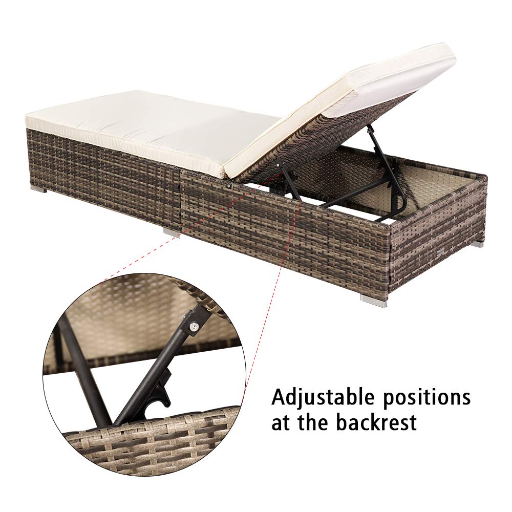 VINGLI Adjustable Wicker Patio Chaise Lounge Chair - All-Weather Rattan Outdoor Daybed with Soft Cushions & Adjustable Backrest - Gray - Perfect for Poolside, Garden, Deck & Patio Relaxation