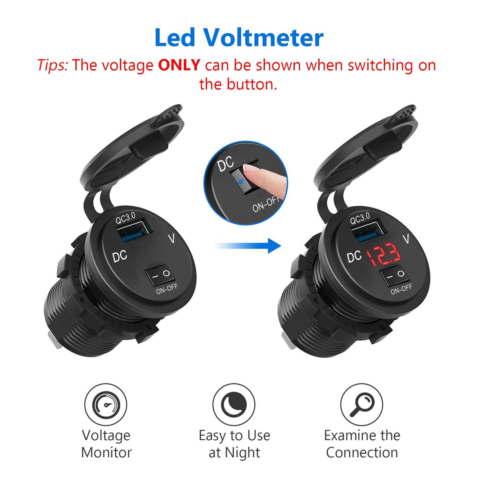 Leyeet Quick Charge 3.0 USB Car Charger with Digital Voltmeter & ON/Off Switch - Fast Charging Port for iPhone, Android, Tablet - Compatible with Cars, Trucks, Marine, ATV, Motorcycle (Red) - Perfect for Road Trips, Camping & Outdoor Adventures