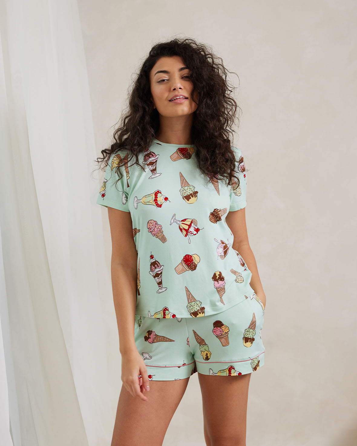 Ice Cream Print Short Pajama Set for Women - Soft & Comfortable Summer Sleepwear - Perfect for Lounging, Sleepovers, and Relaxing at Home