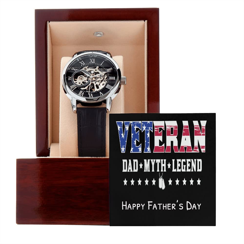 Men's Openwork Military Watch with Engraved Message Card - Stylish Mahogany Wristwatch for Veterans, Dads & Legends - Perfect Father's Day Gift, Sentimental Luxury Watch for Him | Ideal for Daily Wear, Special Occasions & Gift-Giving