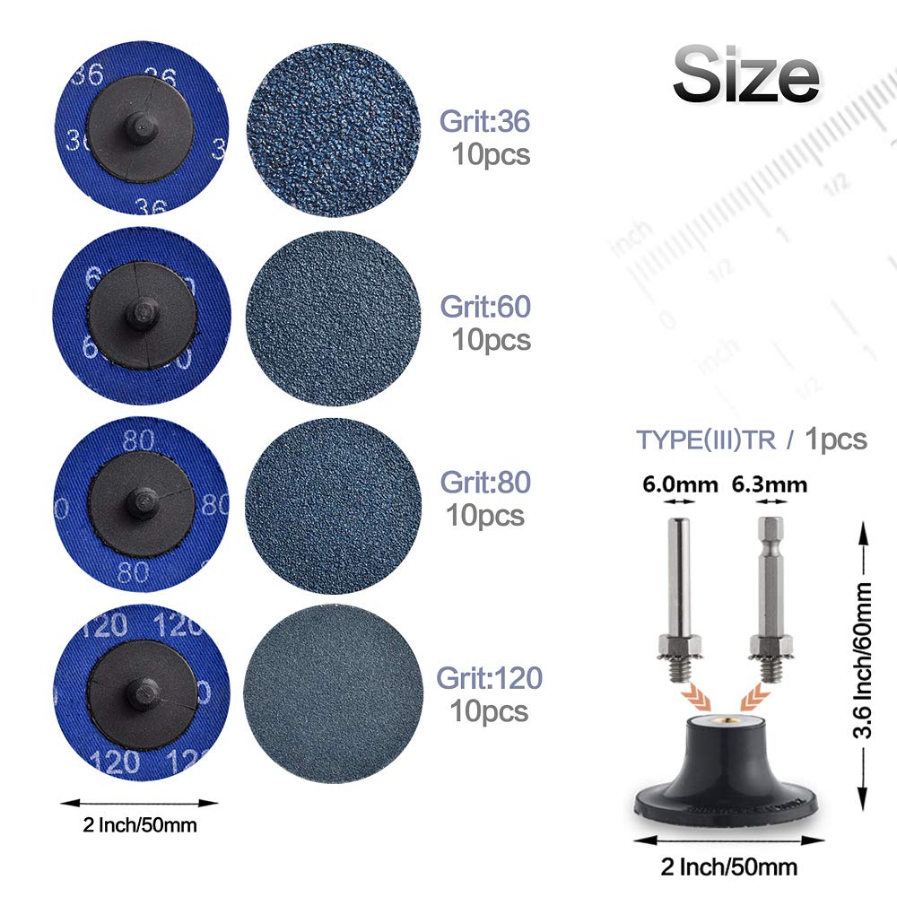 NYXCL Miroku 40-Piece 2-Inch Quick Change Zirconia Sanding Discs Set with 1/4
