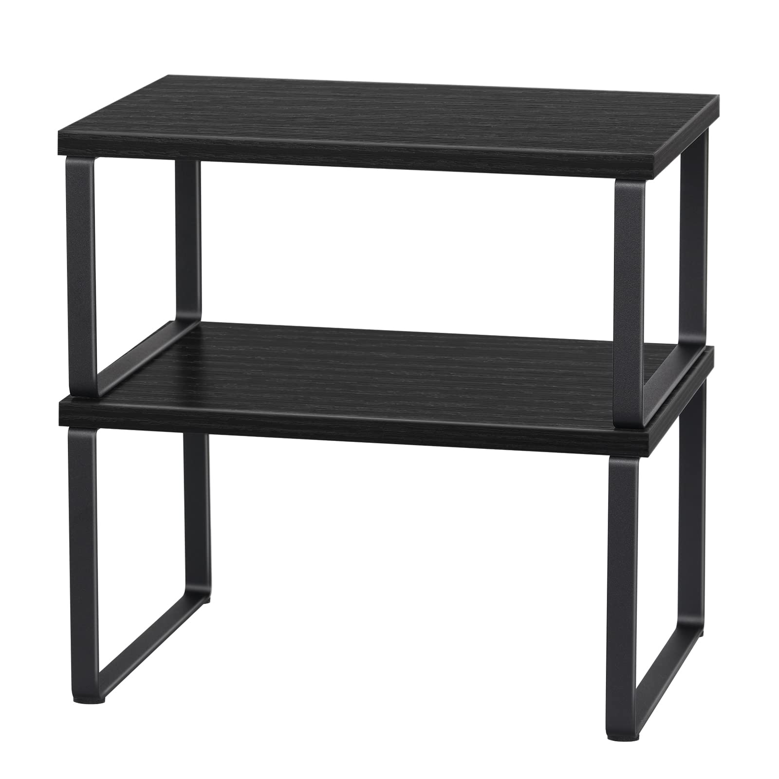 CADUKE 2-Pack Wooden Expandable Counter Shelf Organizer - Stackable Kitchen Cabinet & Pantry Storage Rack for Bathroom, Countertop, Office (Black) | Space-Saving Home Organization Solution