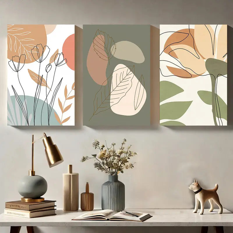3-Piece Abstract Botanical Line Art Metal Prints - Minimalist Wall Decor with Earthy Tones - Ready to Hang Canvas Art for Living Room, Bedroom & Office Decor