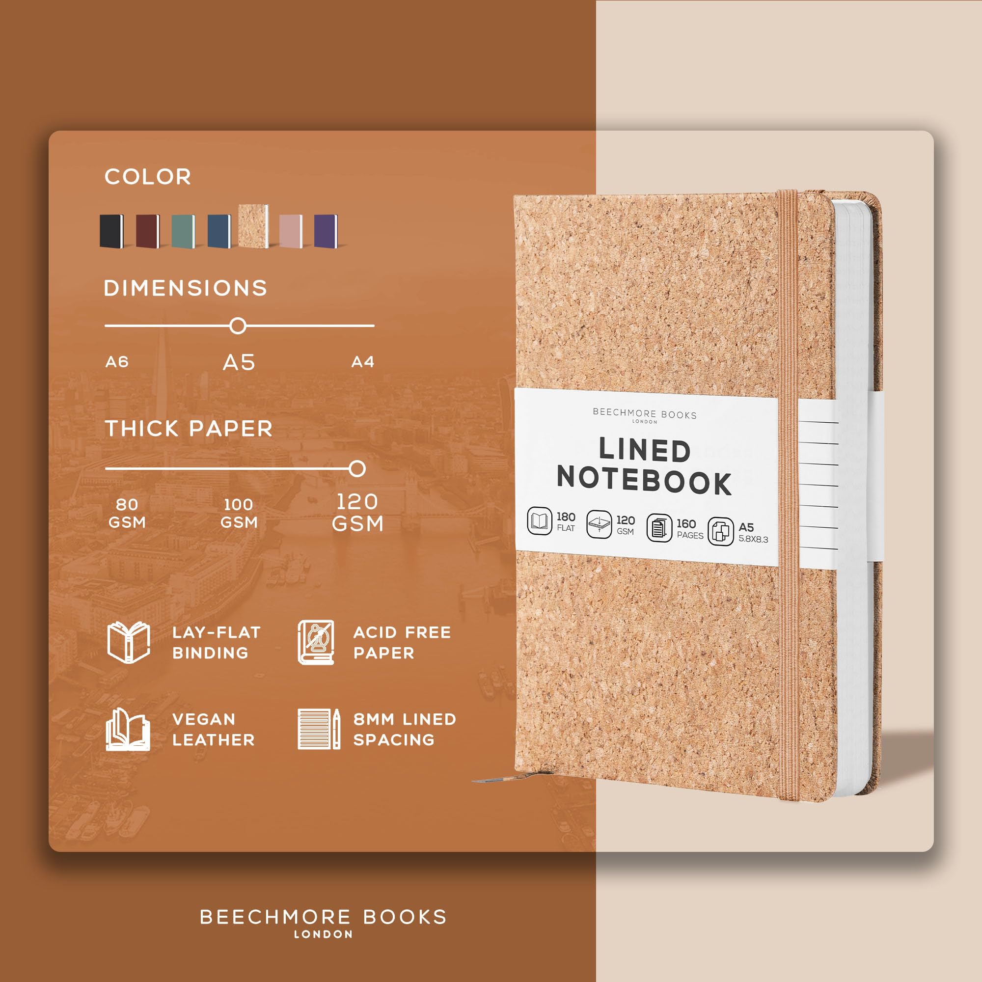 Premium BEECHMORE Lined Journal Notebook - 5.8 x 8.3 inch A5 Size, 160 Pages Hardcover Leather Writing Notebook for Women & Men, 120 GSM Thick Paper, Gift Box Included - Perfect for Work, School, Travel & Daily Journaling