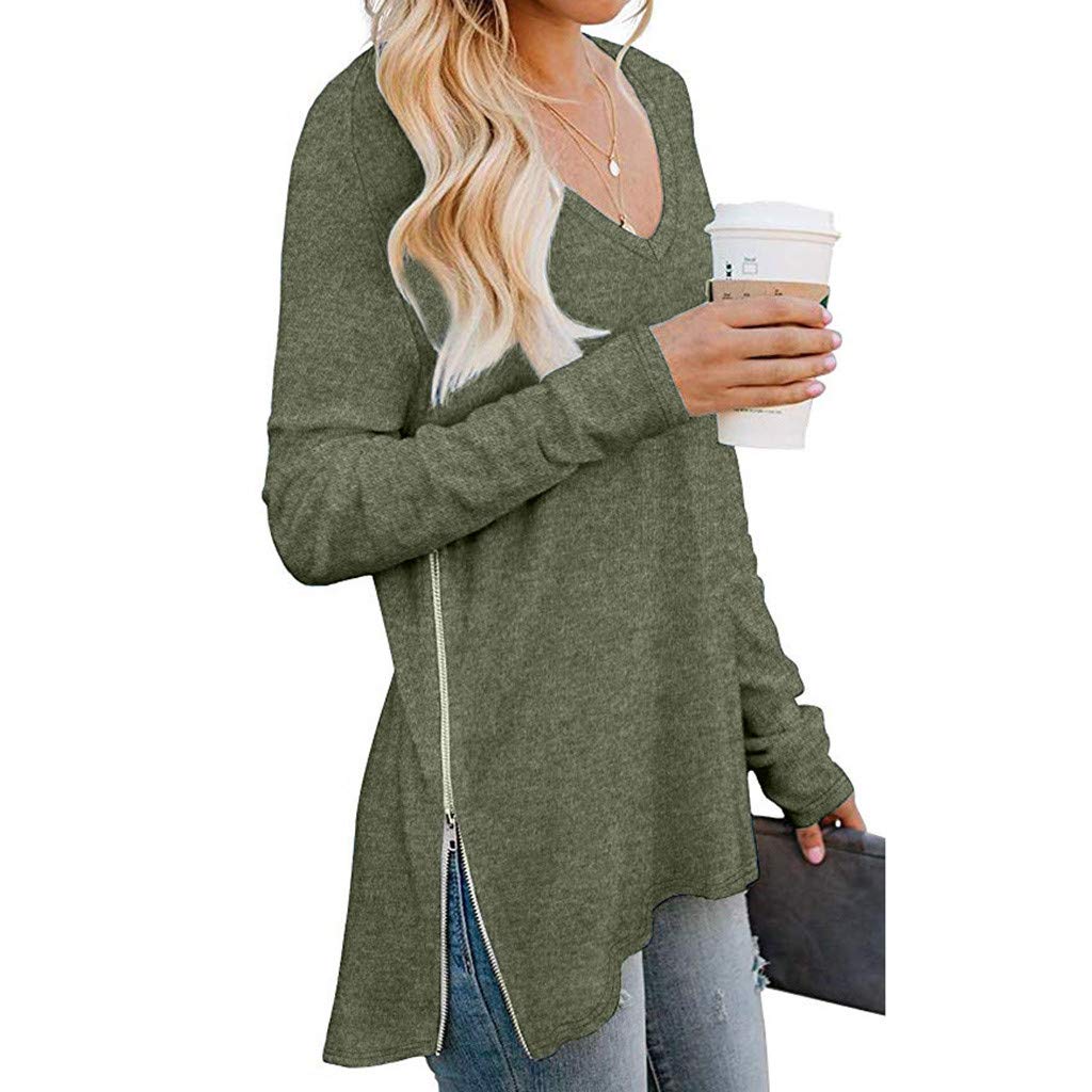 Plus Size Women's Fall Long Sleeve V-Neck Tunic Top with Side Split & Zipper - Casual Loose Pullover for Work, Date Night & Everyday Wear