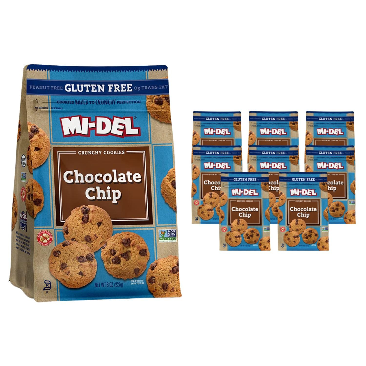 Mi-Del Gluten Free Chocolate Chip Cookies - Crunchy, Non-GMO Certified, 0g Trans Fat, Healthy Snack (Pack of 8) | Perfect for School Lunches, Office Snacks & Gluten-Free Diets