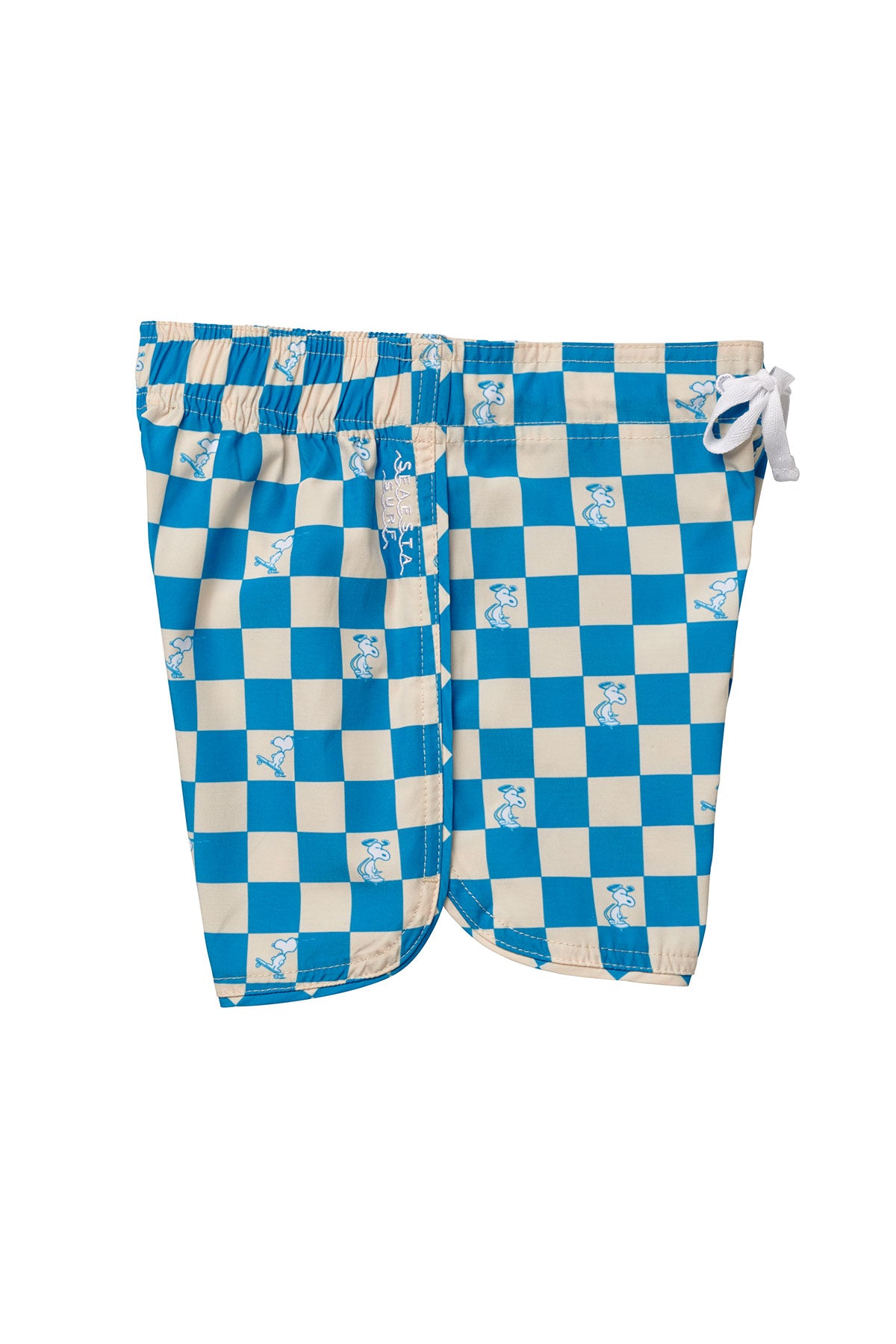 Seaesta Surf x Peanuts® Turquoise Checkerboard Swim Trunks for Men - Quick Dry Beach Shorts with Pockets - Perfect for Surfing, Swimming & Summer Vacations