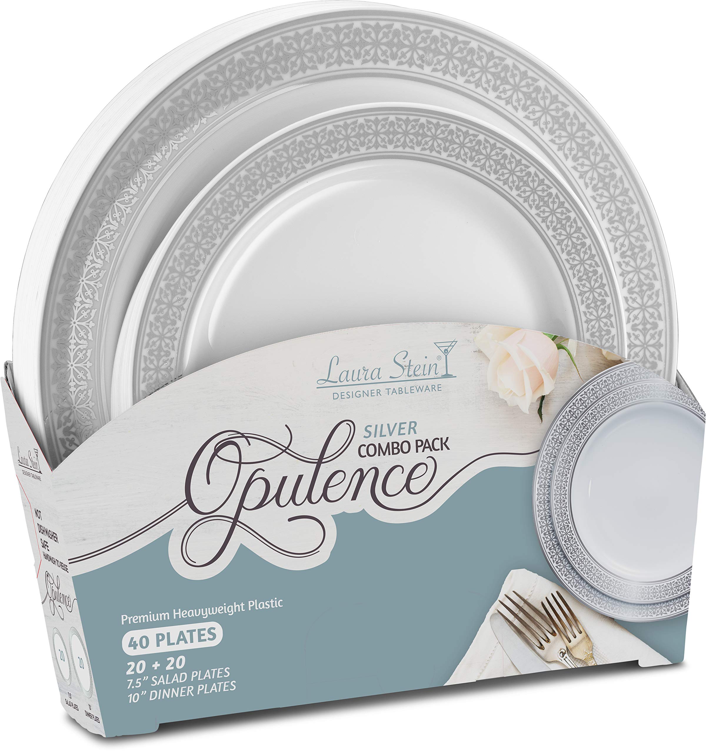 Laura Stein Opulence Series 40-Piece Premium Plastic Dinnerware Set - 20 White & Silver Rim 10.75