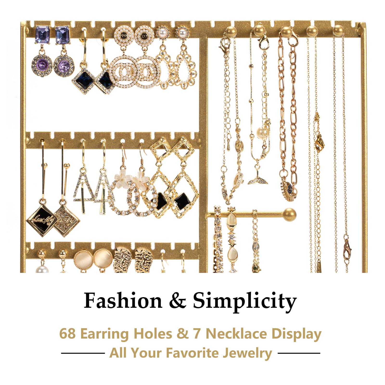 4-Tier Jewelry Organizer Stand with Metal Tray - Gold Earring Holder for Necklaces, Bracelets, Rings & Stud Earrings | Perfect for Bedroom Vanity, Closet Storage & Travel Jewelry Organization