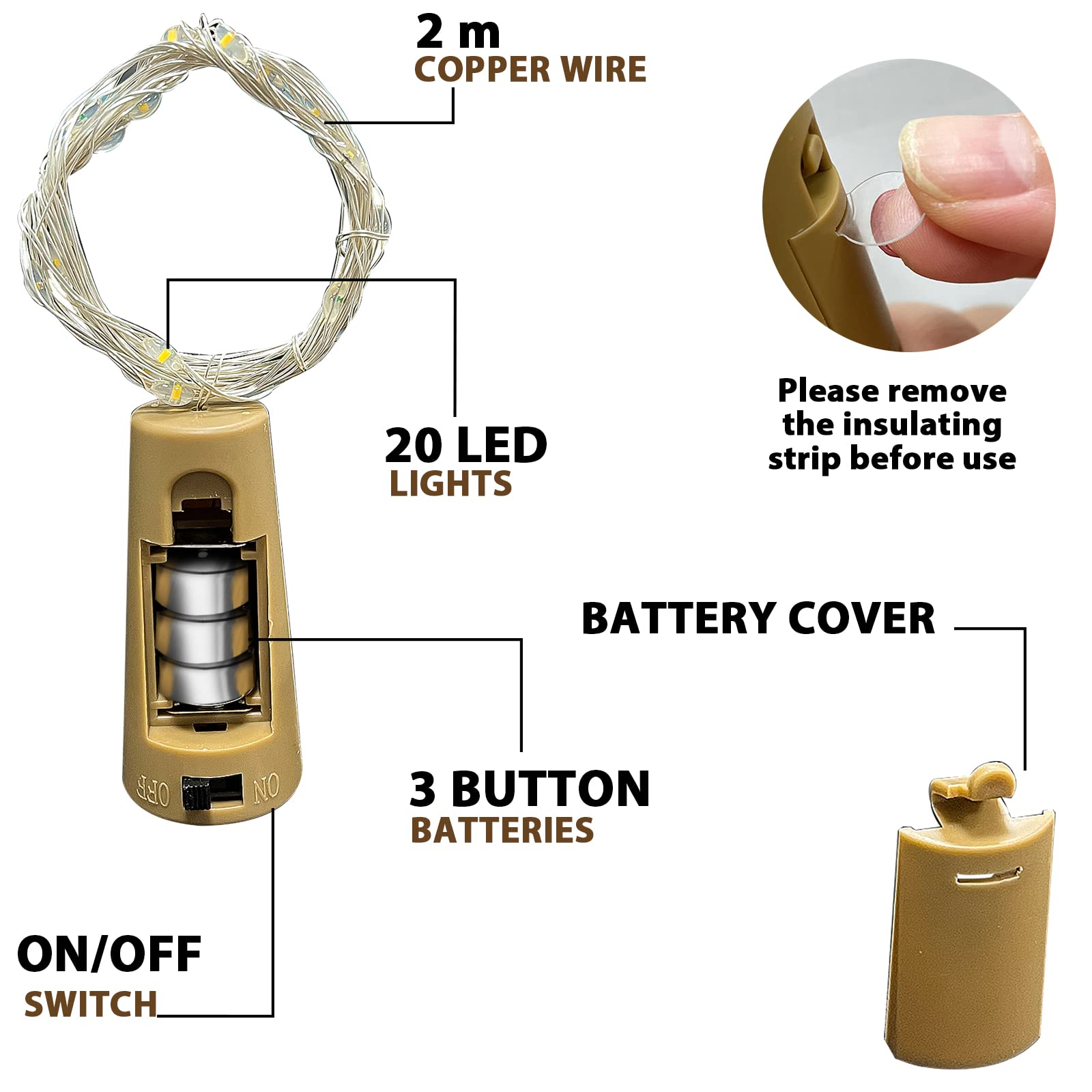 Jsdoin 2M 20 LED Cork Bottle Lights - 3 Pack Warm White Fairy String Lights Battery Operated for Wine Bottles, DIY Table Centerpieces - Perfect for Christmas Parties, Weddings, Home & Outdoor Decorations