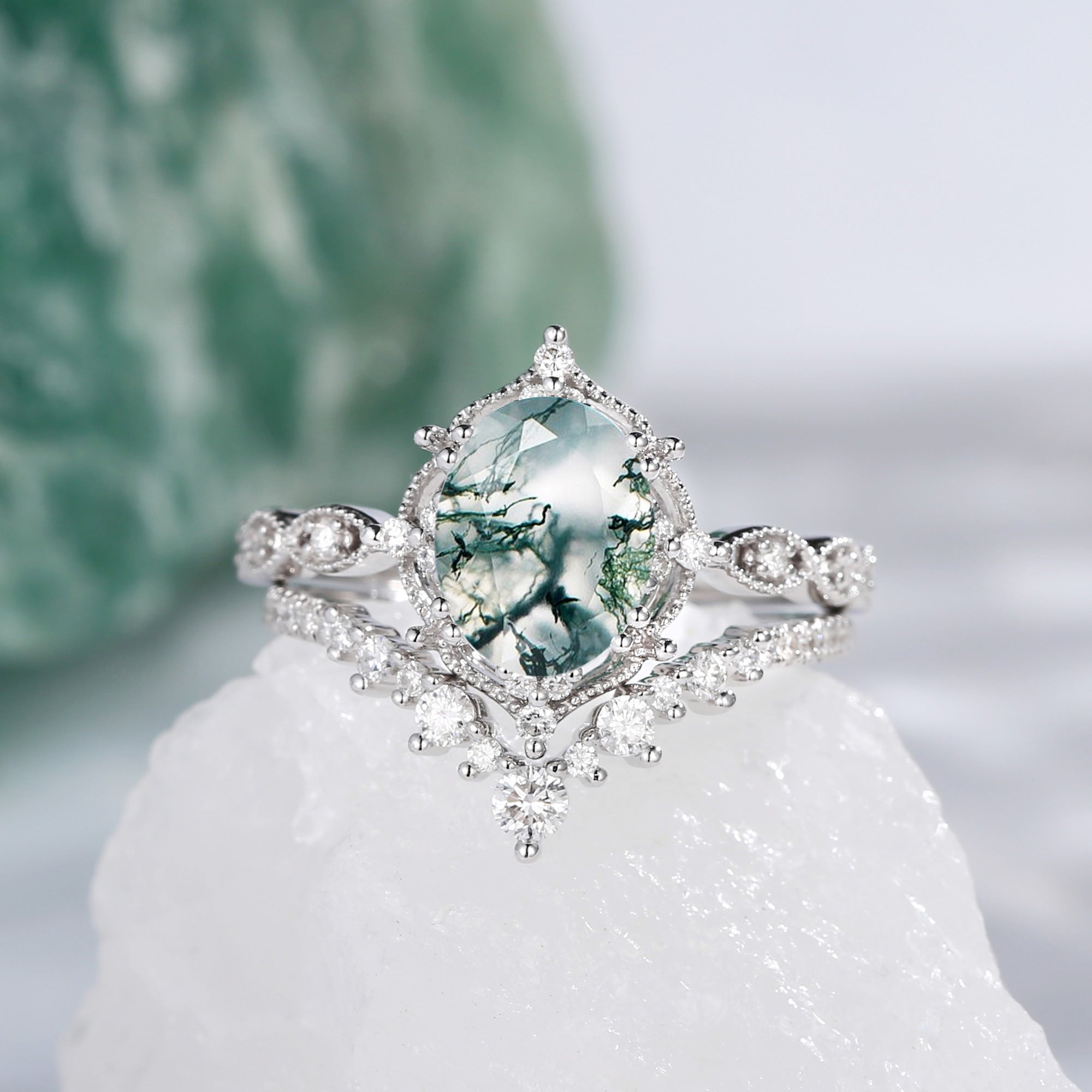 2.0ct Vintage Moss Agate Ring Set - 2 Piece Silver Jewelry for Women, Nature Inspired Statement Rings - Perfect for Weddings, Anniversaries & Boho Fashion