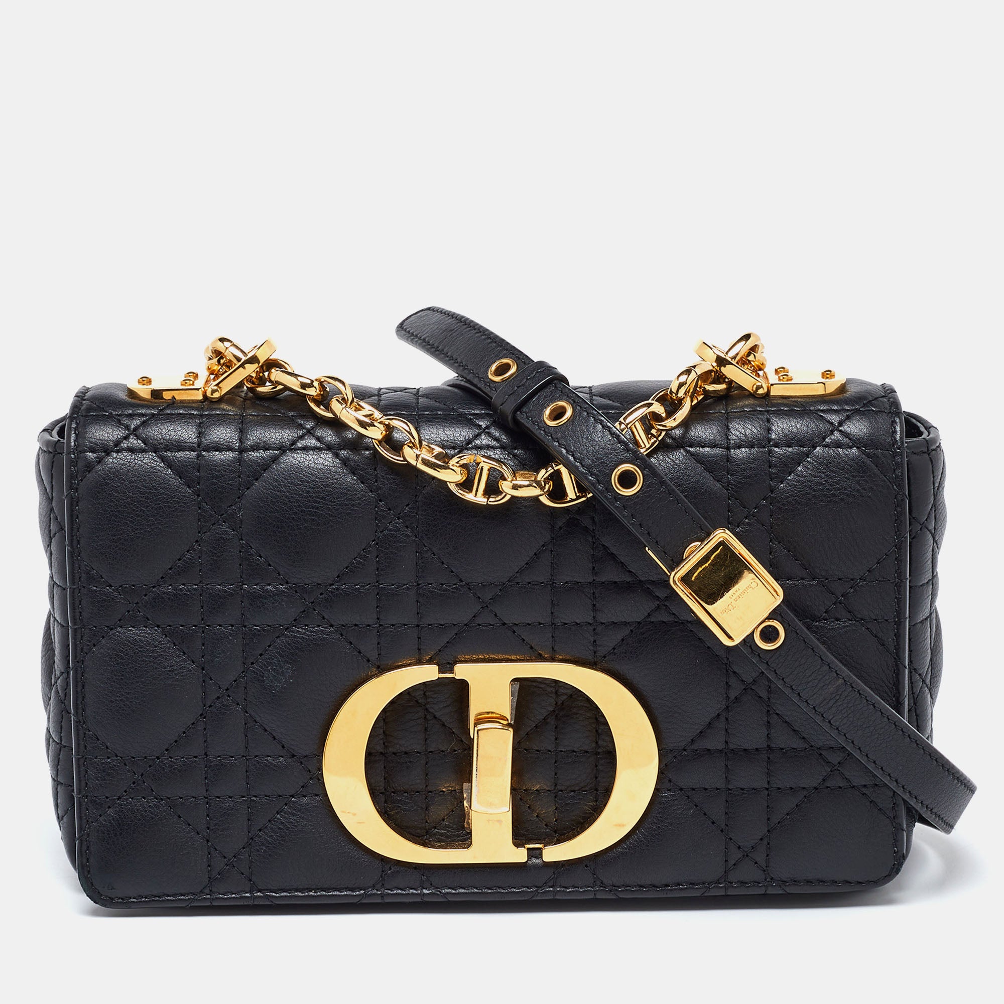 Black Cannage Leather Small Caro Shoulder Bag for Women - Elegant Crossbody Purse with Gold Chain, Perfect for Date Night, Work & Travel | Luxury Handbag Organizer for Phone, Wallet & Essentials