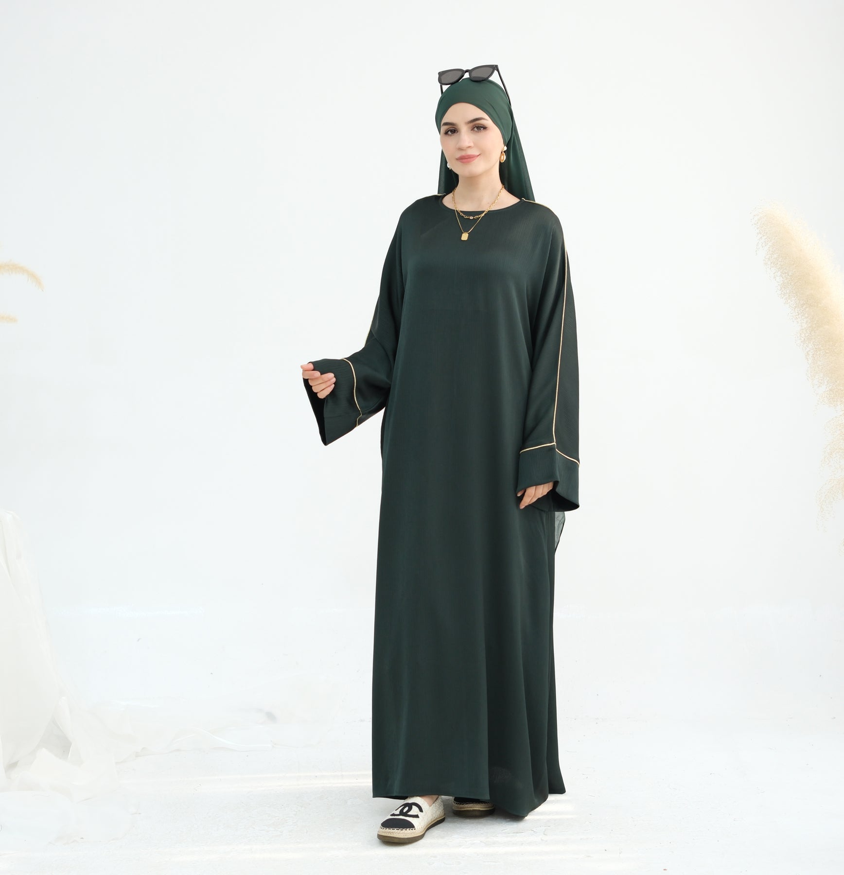 Stylish Ayana Textured Piping Detail Abaya Dress - Green | Modest Islamic Fashion for Women | Perfect for Prayer, Mosque & Special Occasions