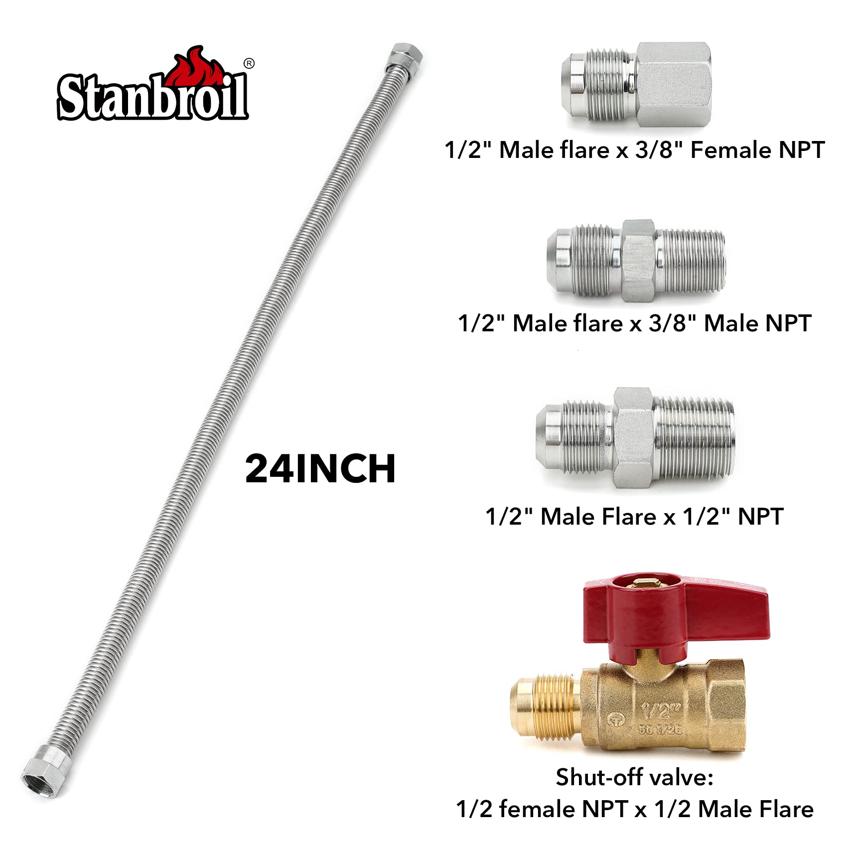 Stanbroil Complete Gas Appliance Hook Up Kit - Brass Gas Ball Valve & Flexible Gas Connector with Fittings for Garage Heaters, Gas Stoves, Wall Heaters, Fireplaces & Dryers | Perfect for Home, Workshop & RV Use