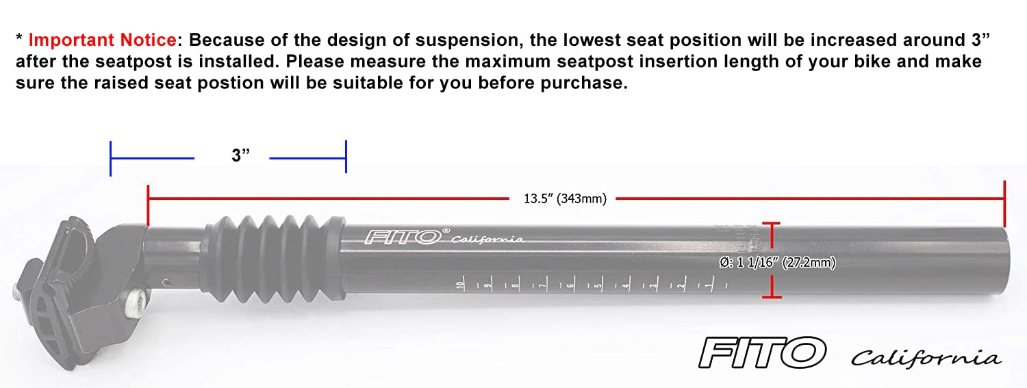 Fito 27.2 x 350mm Suspension Seatpost for Bicycle - Shock Absorbing Comfort Bike Seat Post with Adjustable Clamp (Black) - Perfect for Mountain Bikes, Road Bikes & Commuting