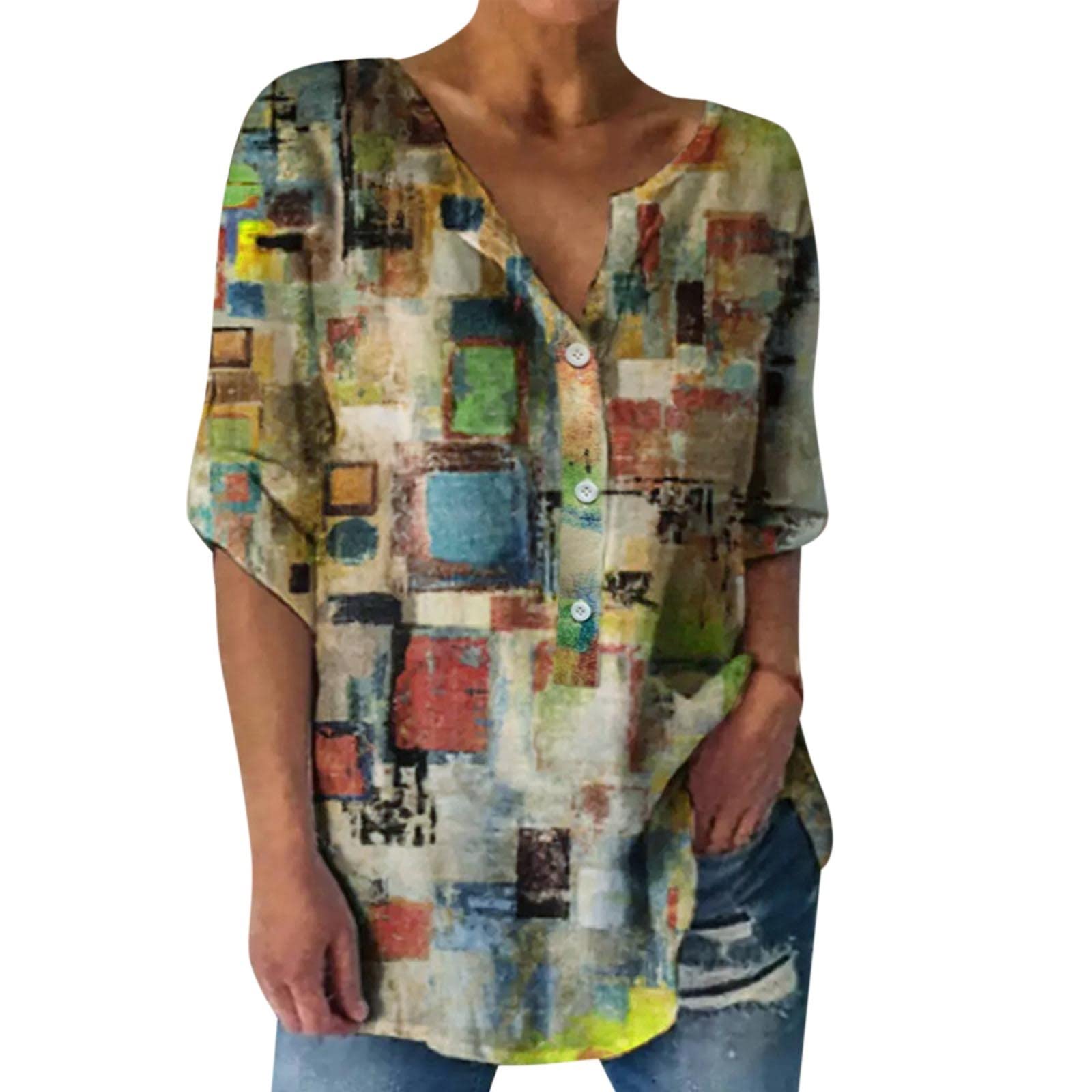 Stylish Women's 3/4 Sleeve V-Neck T-Shirt with Button Detail & Ripped Band - Trendy Multicolor Print Casual Top for Everyday Wear | Perfect for Outings, Dates & Summer Fashion