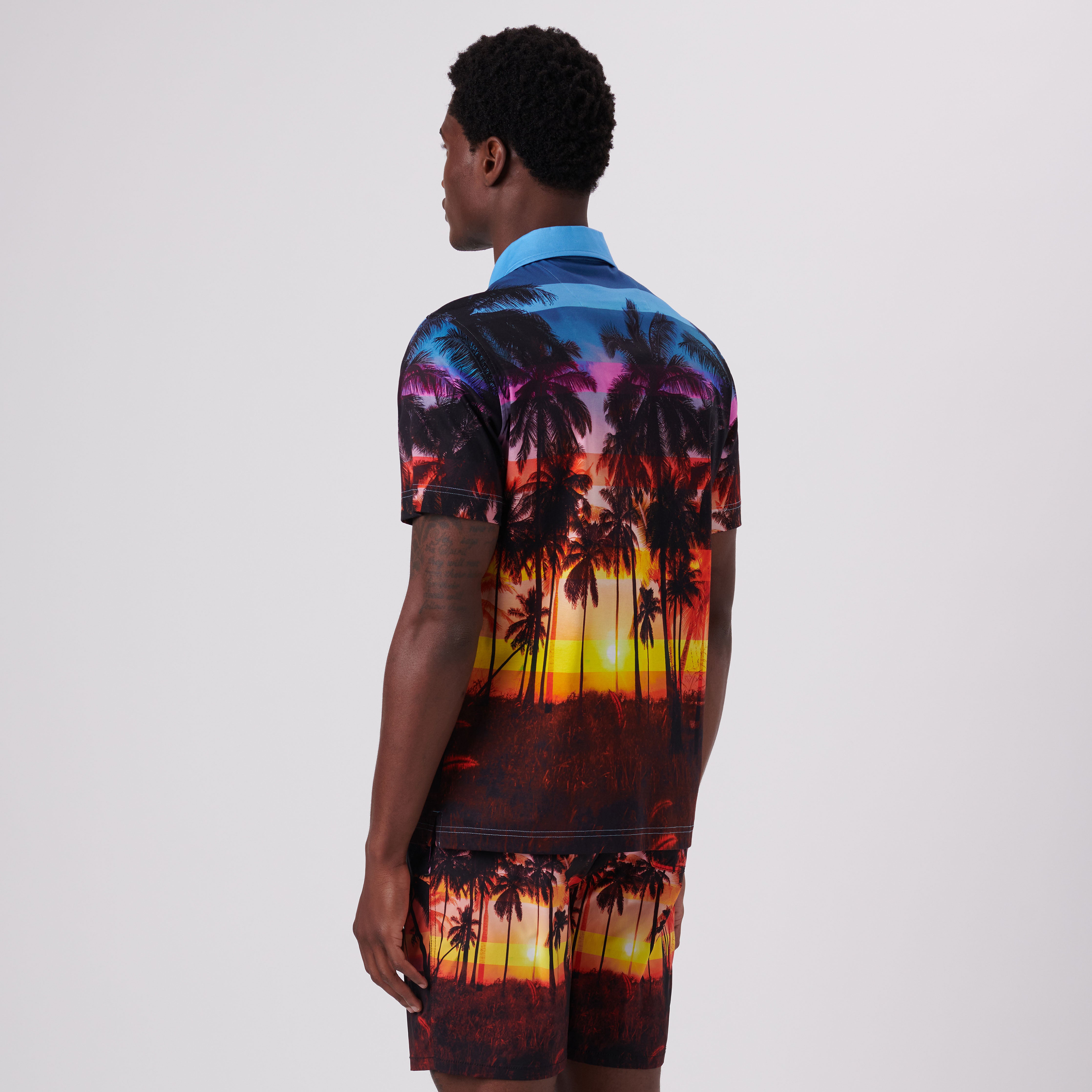 Hendrix Tropical Sunset Print Polo Shirt for Men - Casual Short Sleeve Button Down Shirt - Hawaiian Beach Vacation & Summer Outdoor Wear