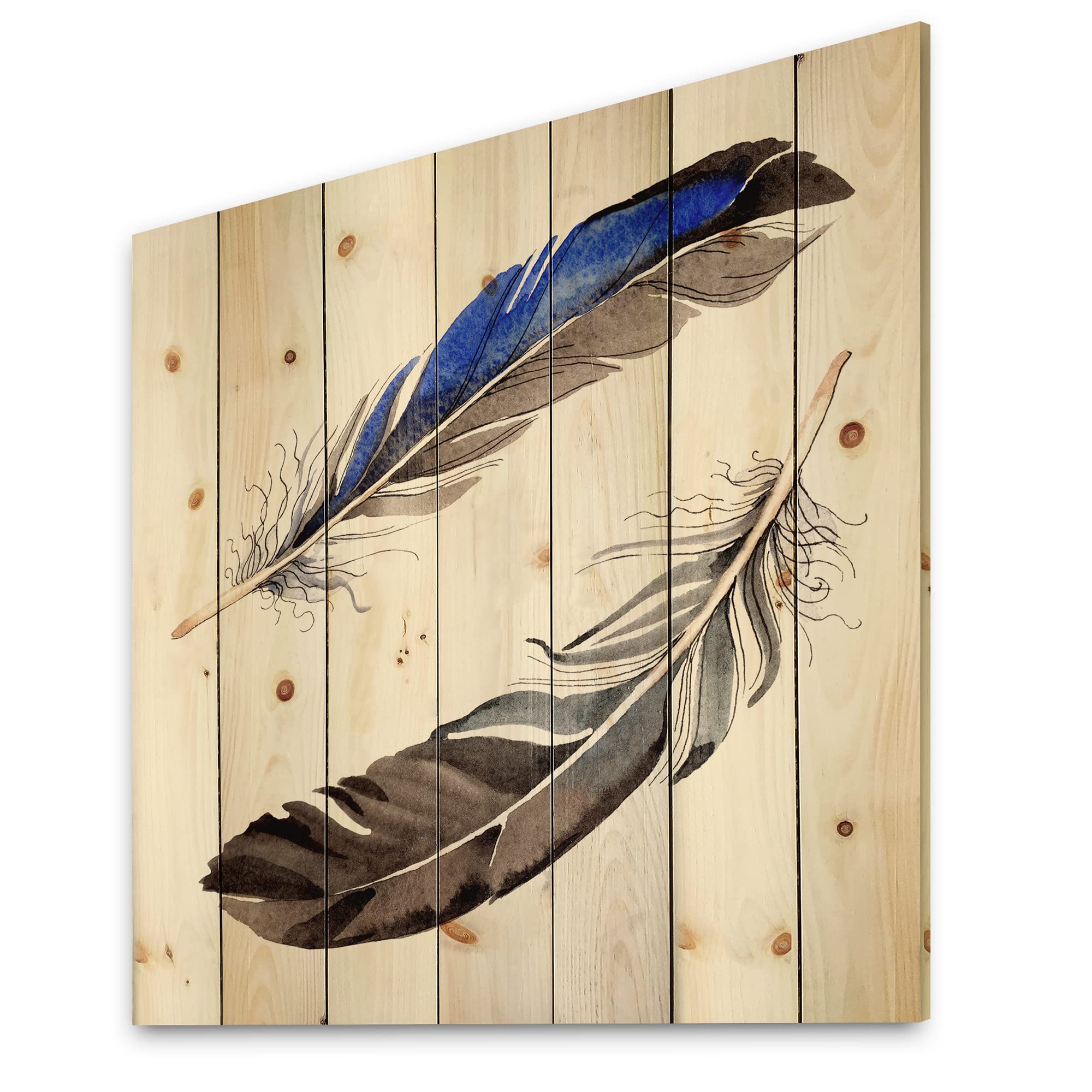 Bohemian Feather Wood Wall Art - Handmade Blue Wooden Decor with Colorful Boho Feathers & Eclectic Animal Prints on Natural Pine Wood Panels for Living Room, Bedroom or Nursery Decor