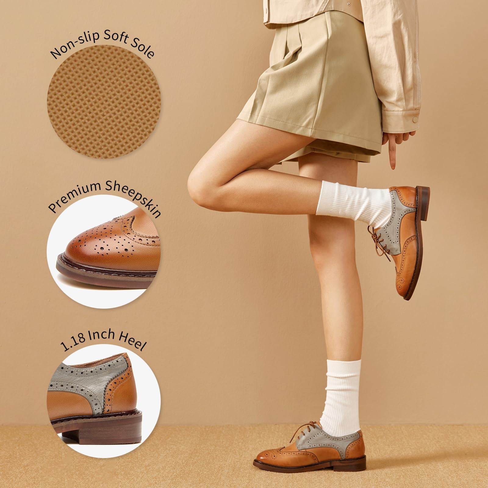 BEAU TODAY Women's Leather Oxford Brogue Dress Shoes - Breathable Comfort Wingtip Lace-Up Handmade Business Work Shoes for Women | Perfect for Office, Formal Events & Professional Occasions