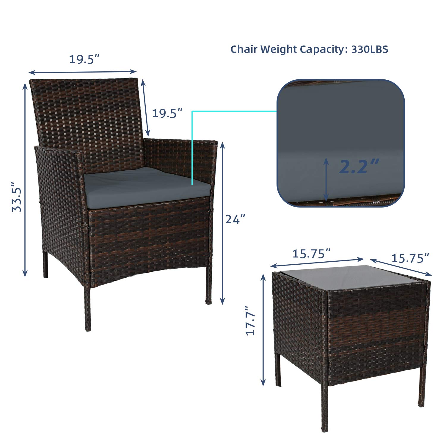 3-Piece Outdoor Patio Furniture Set - PE Wicker Rattan Chairs & Table Sofa with Cushioned Seats, Brown & Gray - Perfect for Garden, Poolside, and Backyard Relaxation