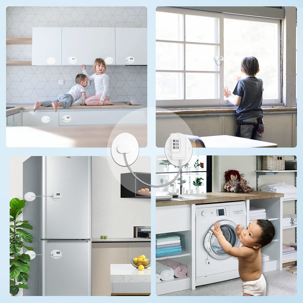 AOSITE 4-Pack White Refrigerator Lock Combination - Child Proof Fridge Locks for Adults & Kids, Strong Adhesive Mini Fridge Security Locks - Perfect for Home, Office, Dorm & Travel Use